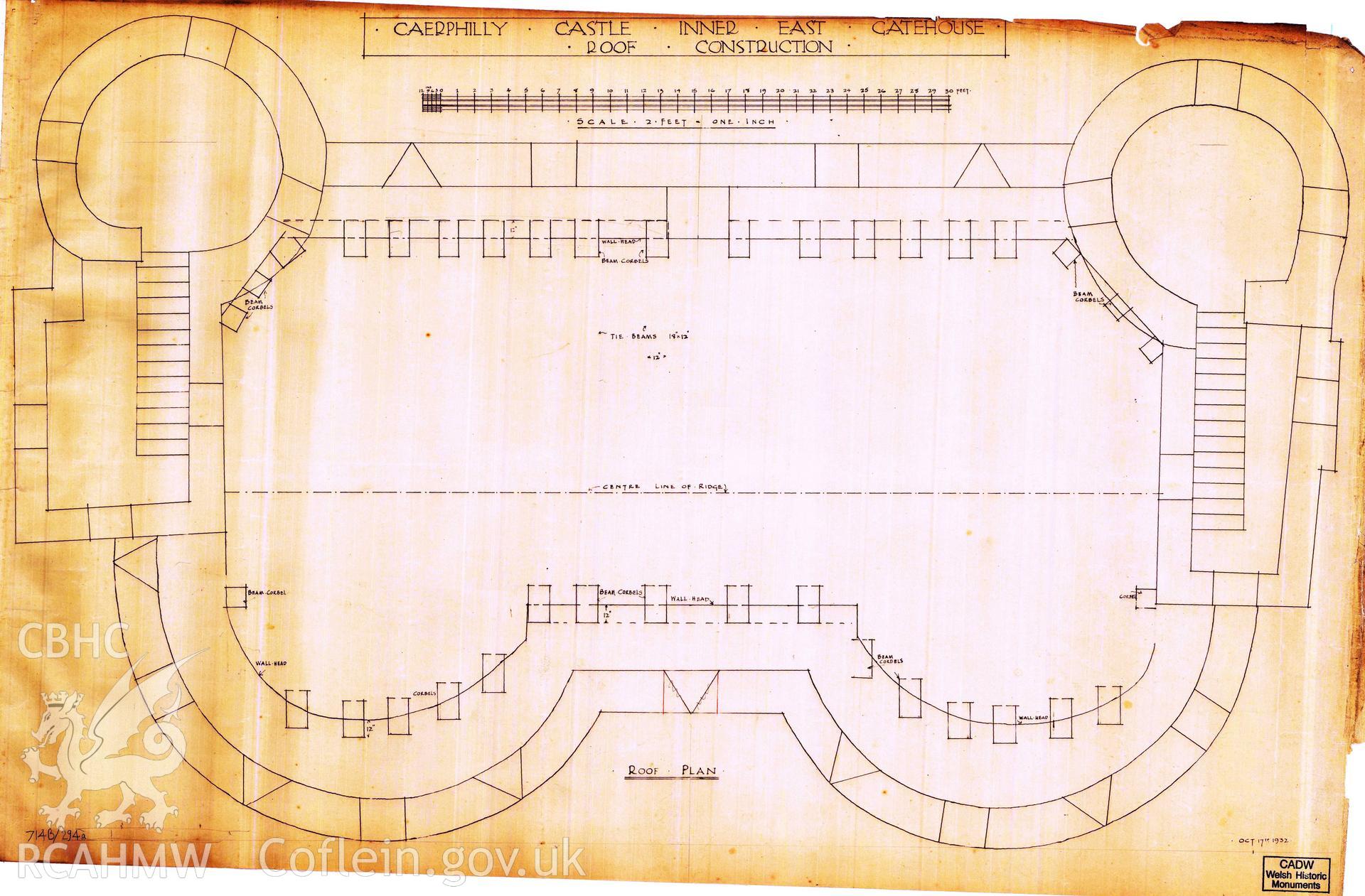 Cadw guardianship monument drawing of Caerphilly Castle. Inner E gate, roof corbel plan. Cadw Ref. No:714B/294a. Scale 1:24.