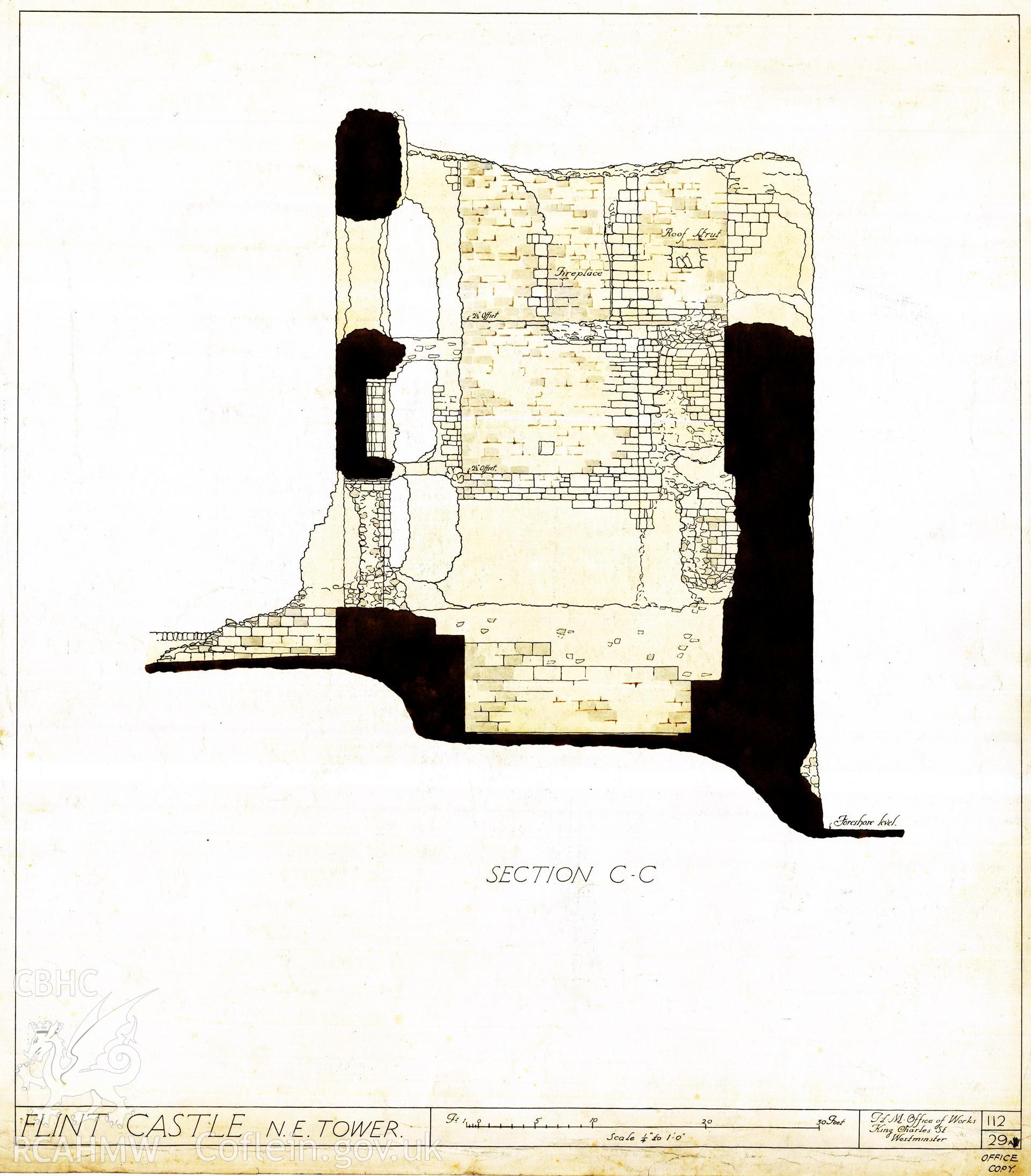 Cadw guardianship monument drawing of Flint Castle. NE tower, section CC (tinted). Cadw Ref. No. 112/29A. Scale 1:48.