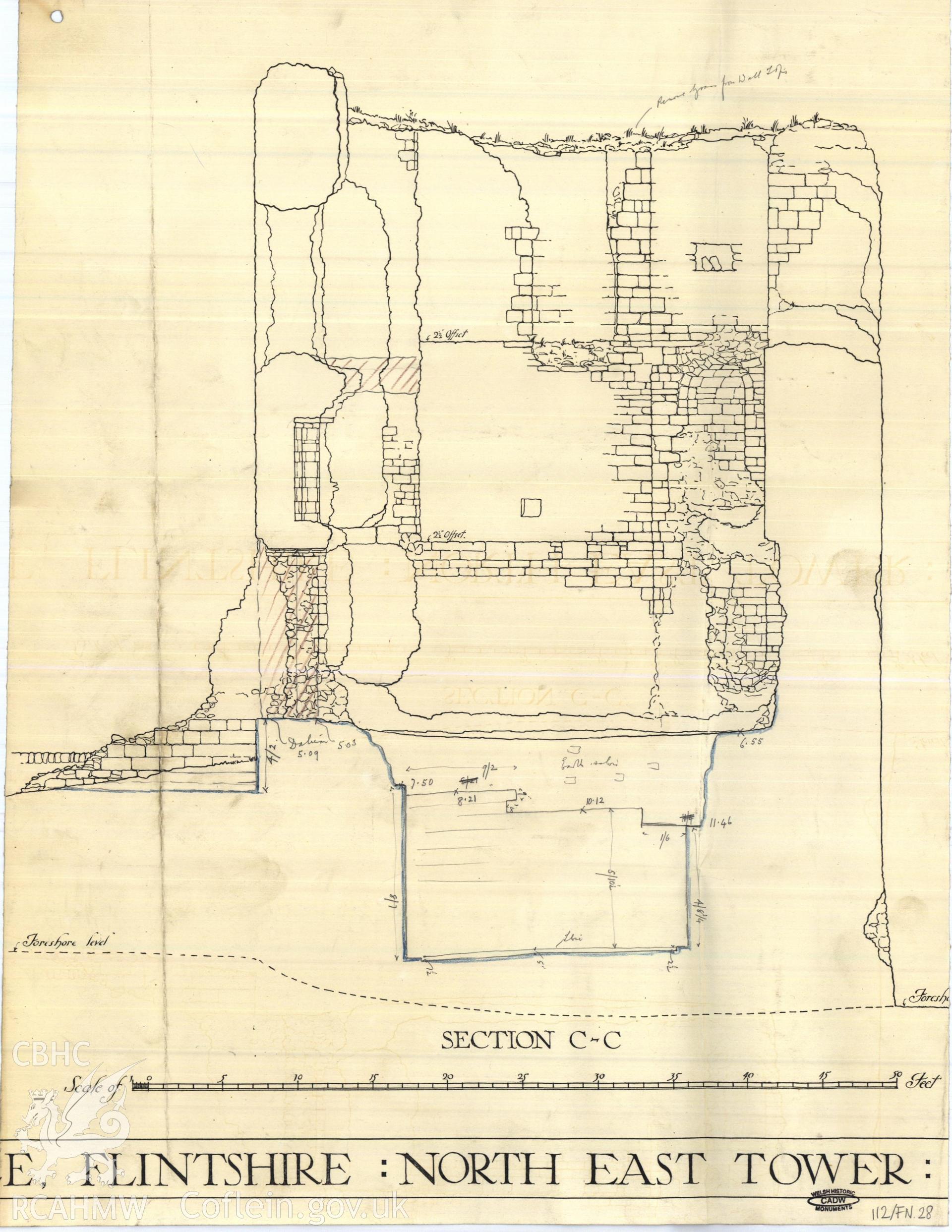 Cadw guardianship monument drawing of Flint Castle. NE tower, section (ex 112/7). Cadw Ref. No:112/FN.28. No scale.