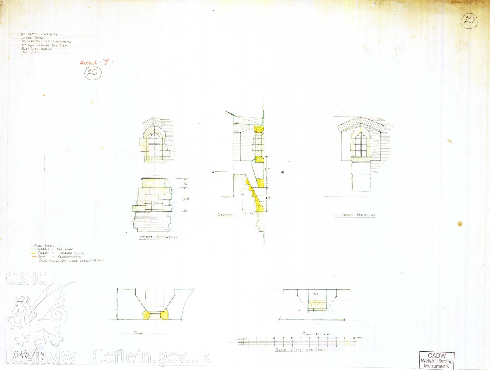 Digital copy of Cadw guardianship monument drawing of Caerphilly Castle. NW tower, upper fl landing window. Cadw ref. no: 714B/89. Scale 1:24.  Original drawing withdrawn and returned to Cadw at their request.
