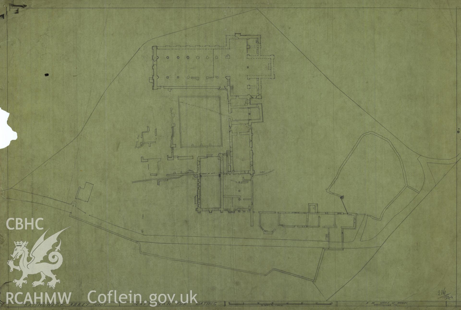 Cadw guardianship monument drawing of Basingwerk. Outline-plan for dating. Cadw Ref. No:216//25/a. Scale 1:192.