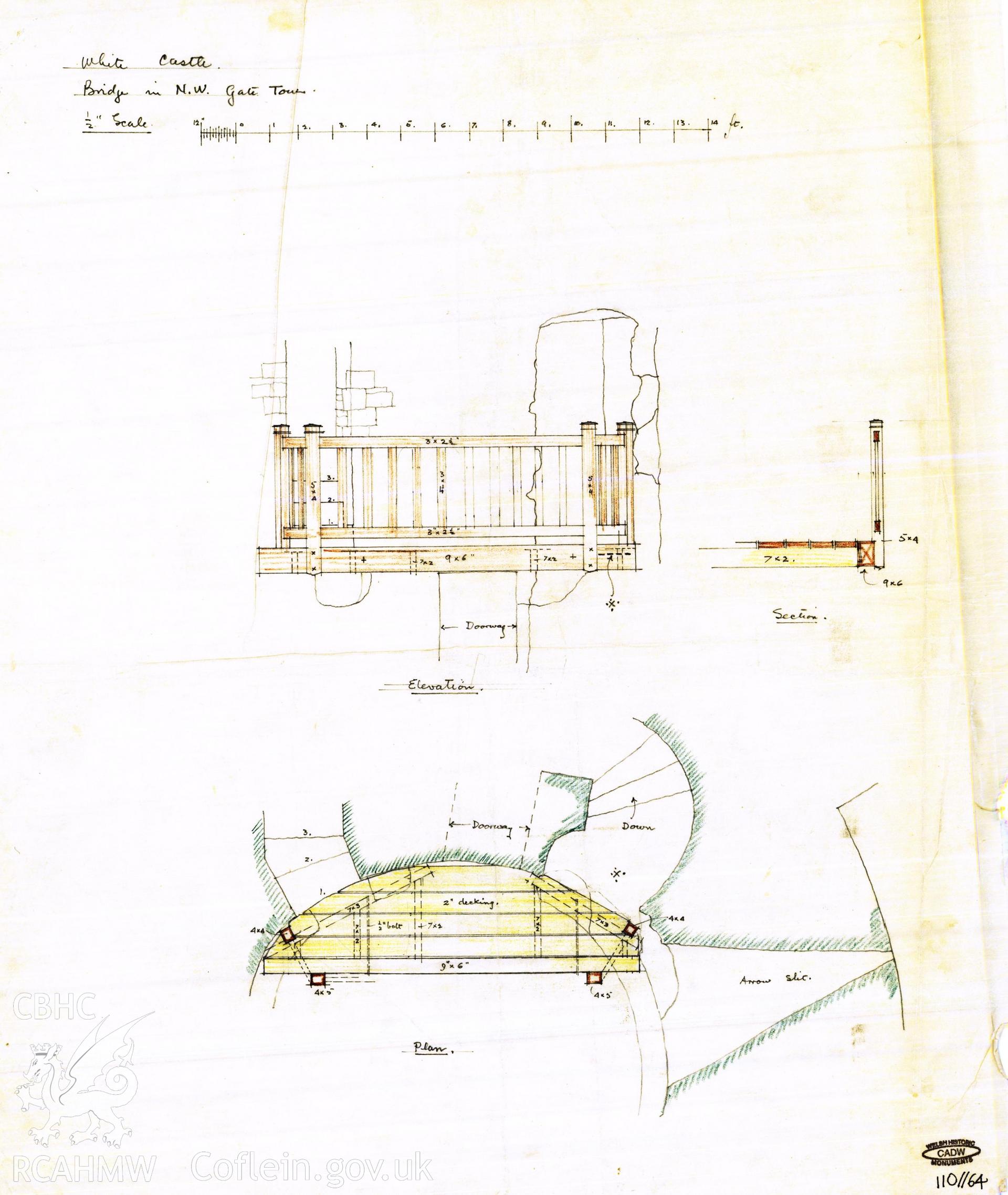 Cadw guardianship monument drawing of White Castle. Inner gate W tower, lower bridge. Cadw Ref. No:110//64. Scale 1:24.