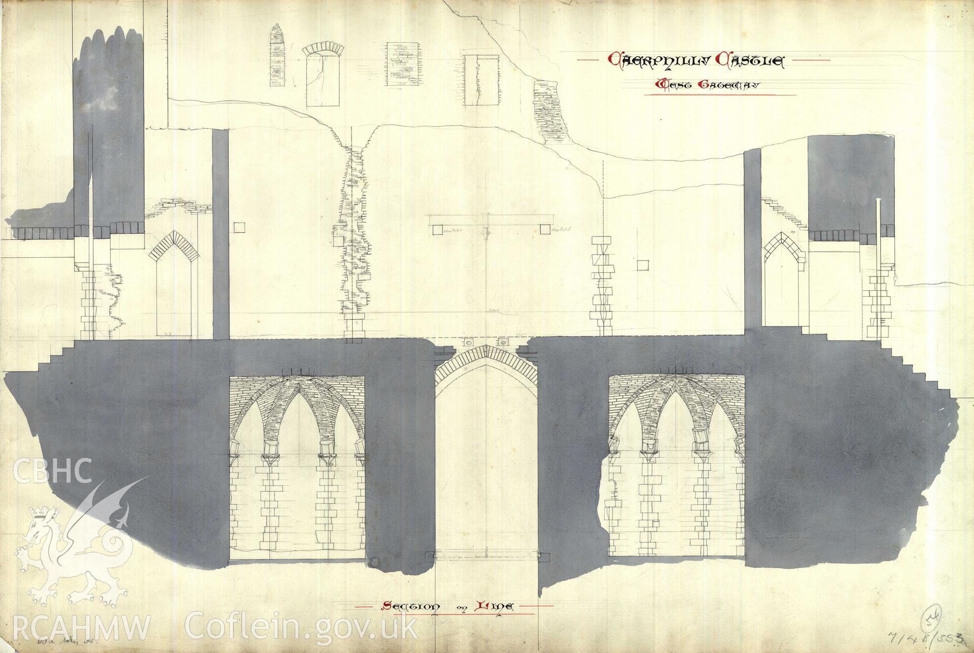 Cadw guardianship monument drawing of Caerphilly Castle. Inner W gate, section looking W. Cadw Ref. No:714B/353. Scale 1:24.