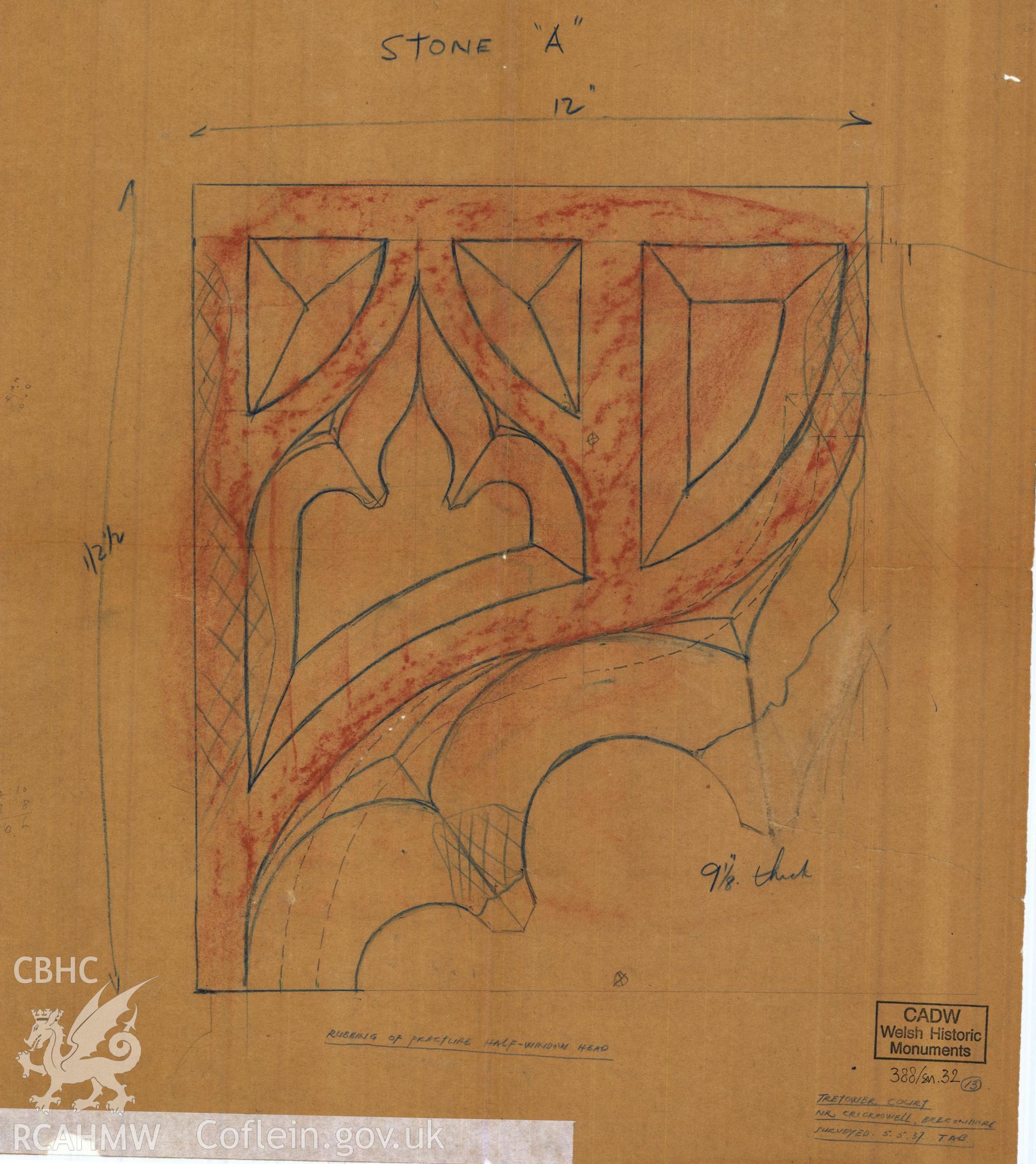 Cadw guardianship monument drawing of Tretower Court. Oriel window, wide tracery. Cadw Ref. No:388/sn.32. Scale 1:1.