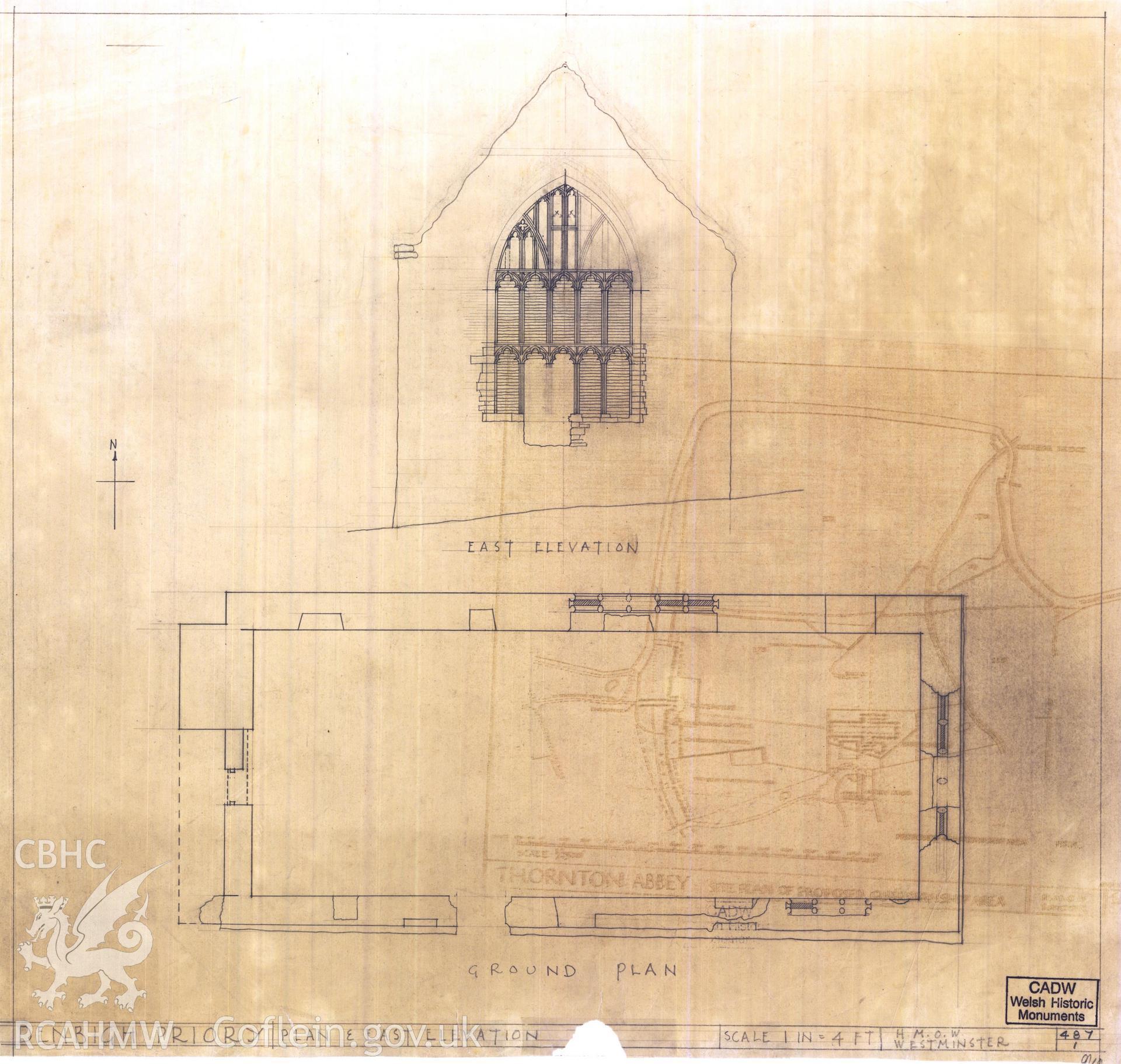 Cadw guardianship monument drawing of Denbigh Friary. Plan + ext E elevation. Cadw Ref. No:487/1. Scale 1:48.
