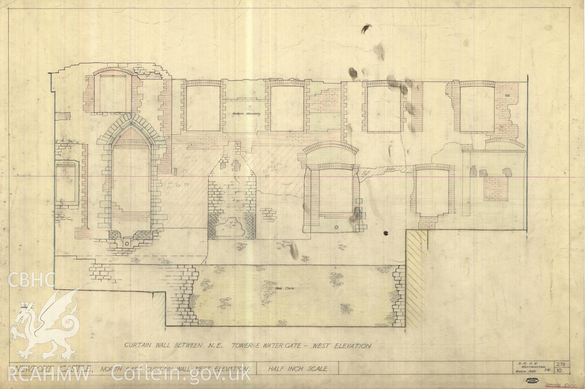Cadw guardianship monument drawing of Newport Castle. E range, N inner face (never finished. Cadw Ref. No:278/10. Scale 1:24.