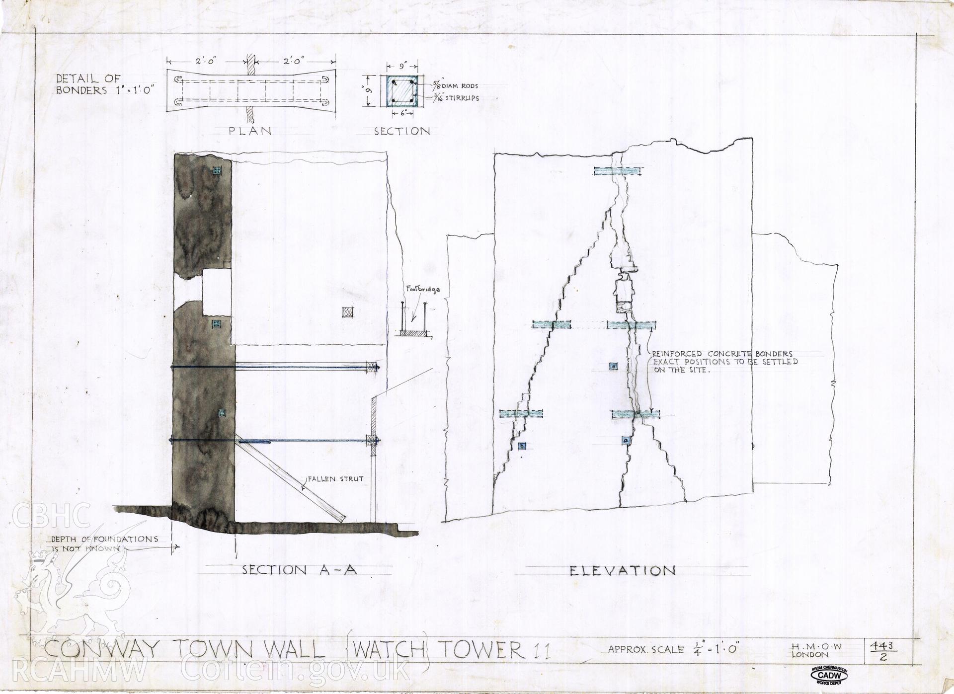 Cadw guardianship monument drawing of Conwy Walls. Tower 11, struts and ties, elevs. Cadw Ref. No:443/2. Scale 1:48.