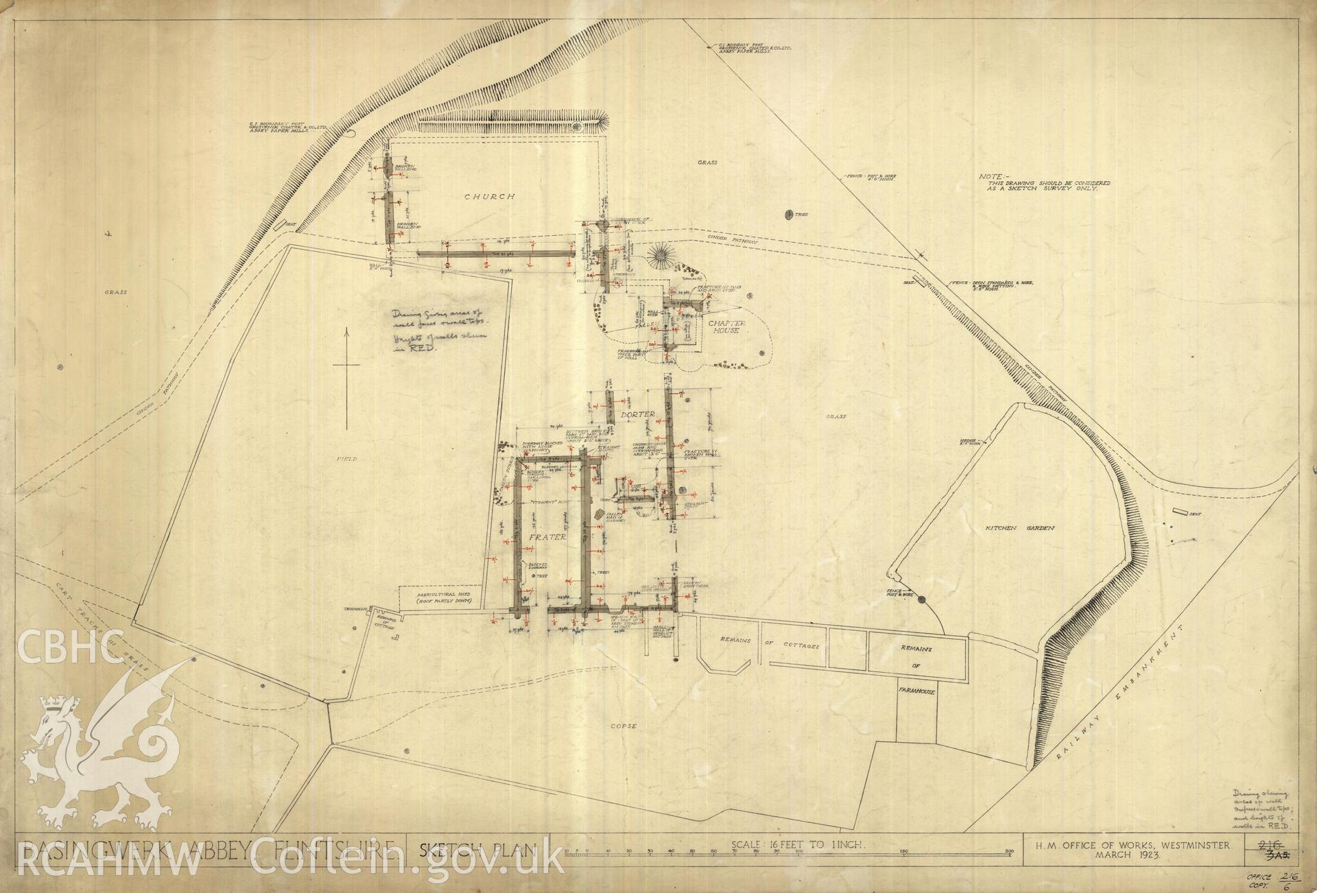 Cadw guardianship monument drawing of Basingwerk. Plan +addns (o.216/3a5). Cadw Ref. No:216/6. Scale 1:192.