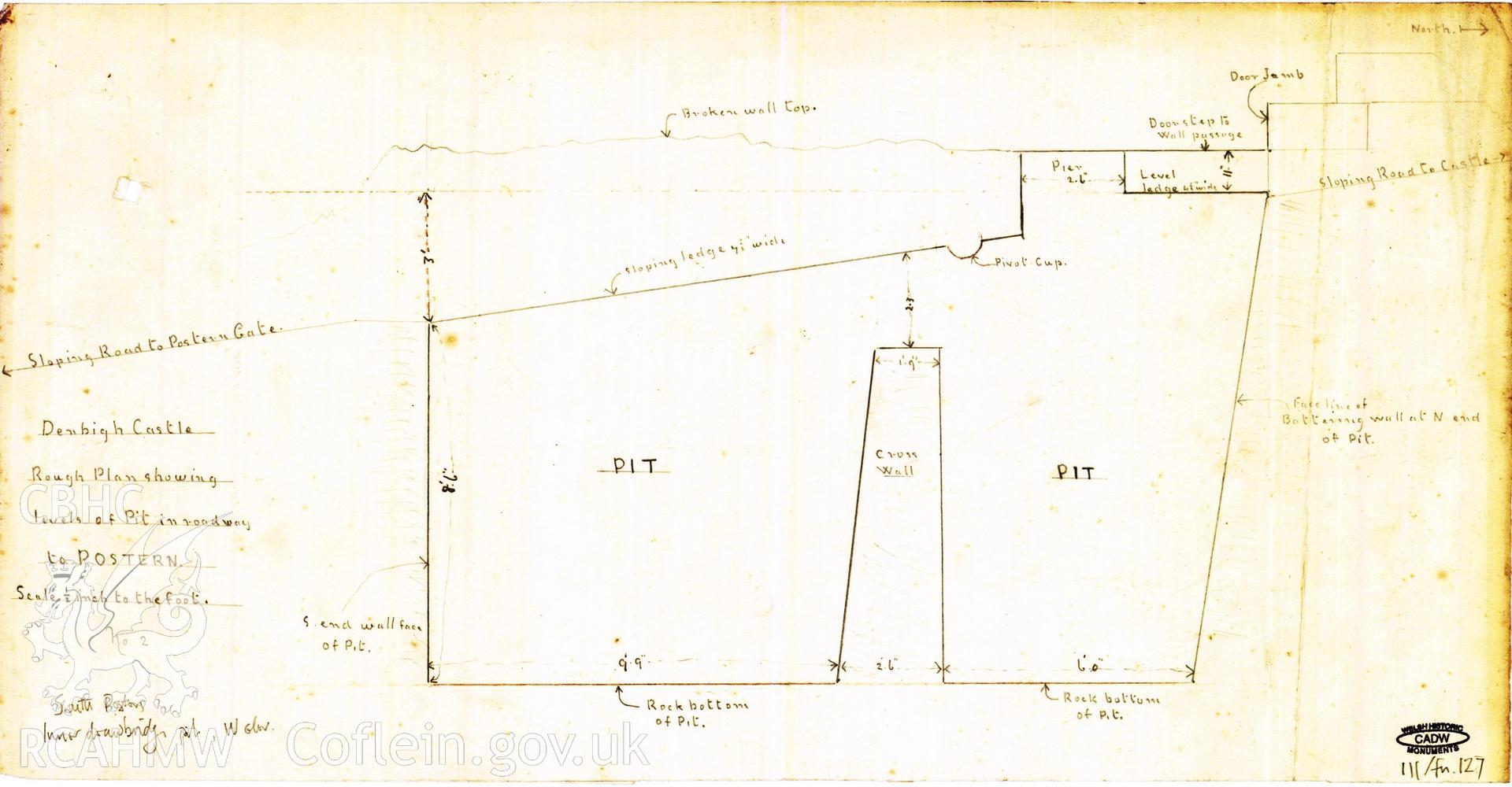 Cadw guardianship monument drawing of Denbigh Castle. Section showing levels of pit in roadway to Postern. Cadw Ref. No. 111/fn.127. Scale 1:24.