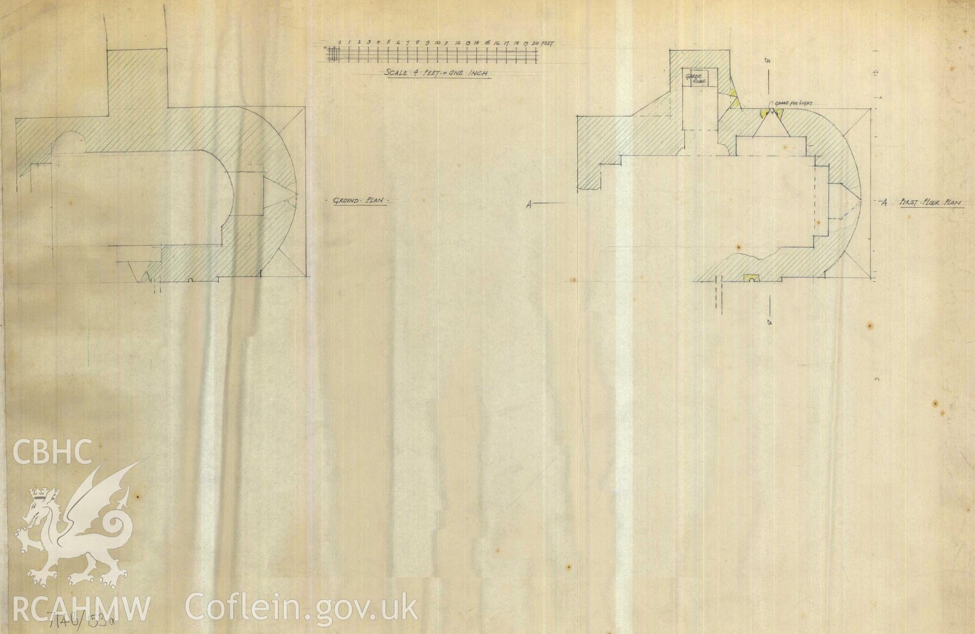 Cadw guardianship monument drawing of Caerphilly Castle. Dam, S gate, ground + upper plan. Cadw Ref. No:714B/153a. Scale 1:48.