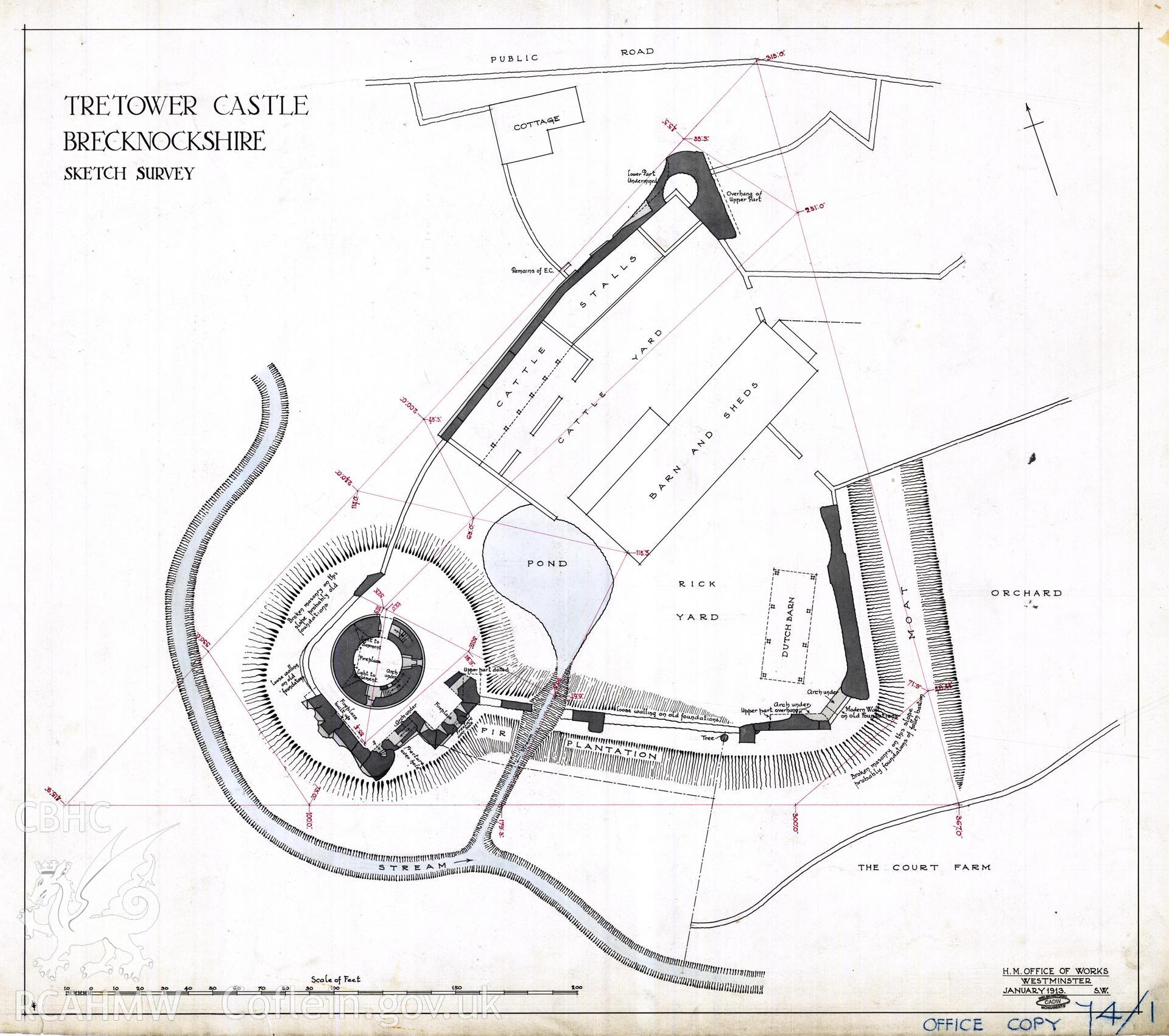 Cadw guardianship monument drawing of Tretower Castle. Sketch survey. Cadw Ref. No:74/1. Scale 1:192.