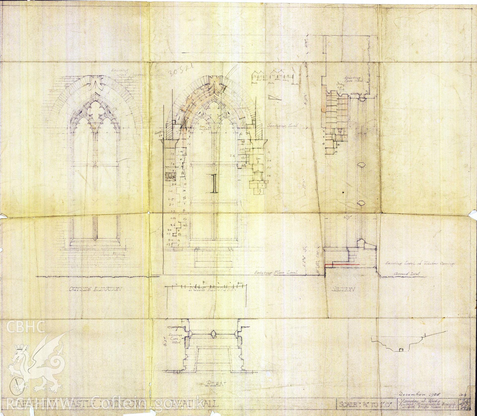 Cadw guardianship monument drawing of Caerphilly Castle. Hall, window 1, stonework+W jamb. Cadw ref. no: 714/14//a. Scale 1:24.