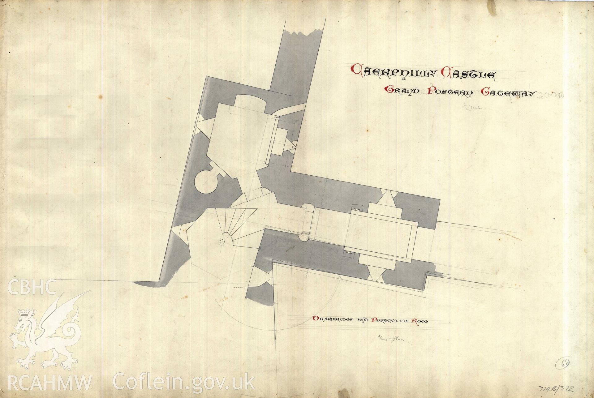 Cadw guardianship monument drawing of Caerphilly Castle. Outer E gate, NW pt upper floor plan. Cadw Ref. No:714B/372. Scale 1:24.