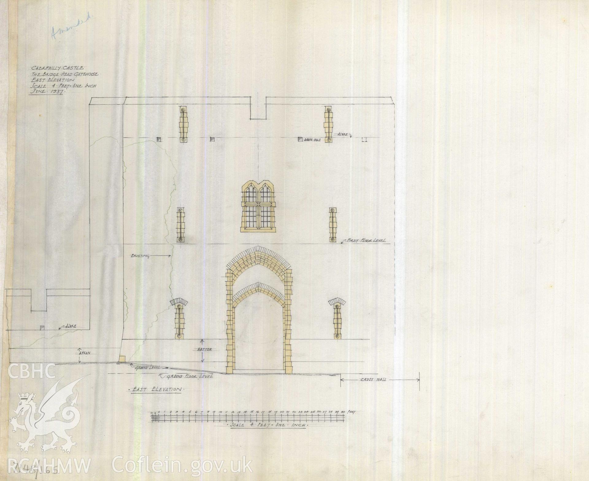 Cadw guardianship monument drawing of Caerphilly Castle. Dam, S gate,  int elev (E) (i). Cadw Ref. No:714B/165. Scale 1:48.