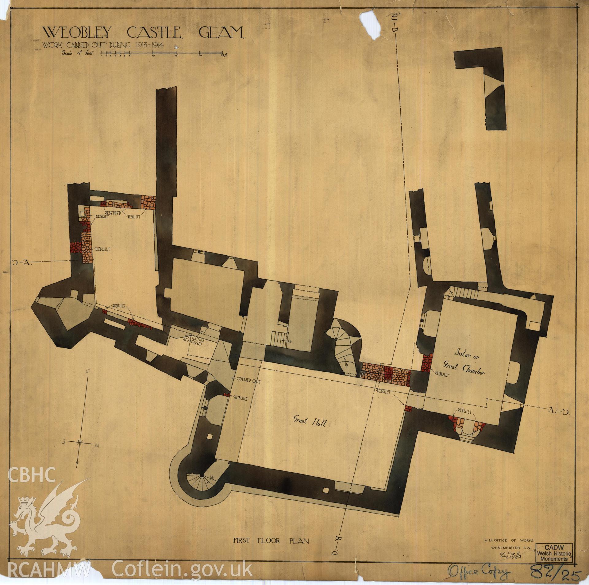 Cadw guardianship monument drawing of Weobley Castle. Upper floor plan + consolidations. Cadw Ref. No:82/25. Scale 1:48.