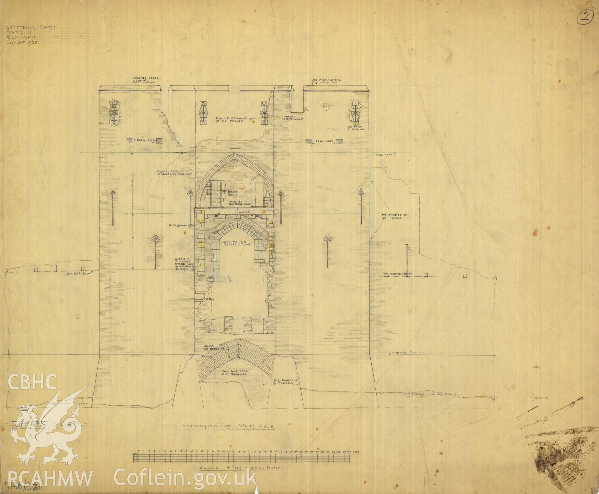 Cadw guardianship monument drawing of Caerphilly Castle. Mid W gate, ext elev. Cadw Ref. No:714B/217a. Scale 1:48.
