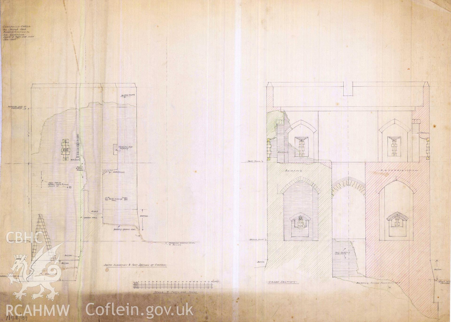 Cadw guardianship monument drawing of Caerphilly Castle. Dam, S gate, sections, recons. Cadw Ref. No:714B/159. Scale 1:48.