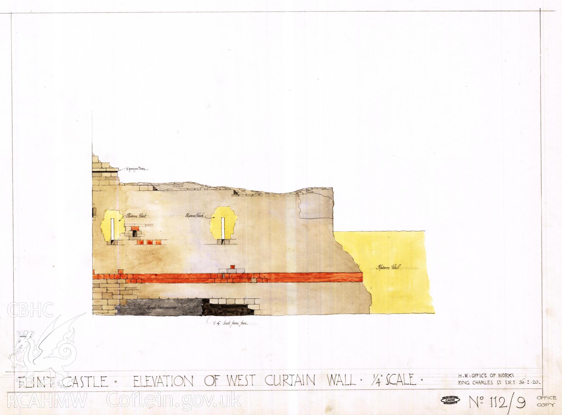Cadw guardianship monument drawing of Flint Castle. W curtain, elevation (tinted). Cadw Ref. No:112/9. Scale 1:48.