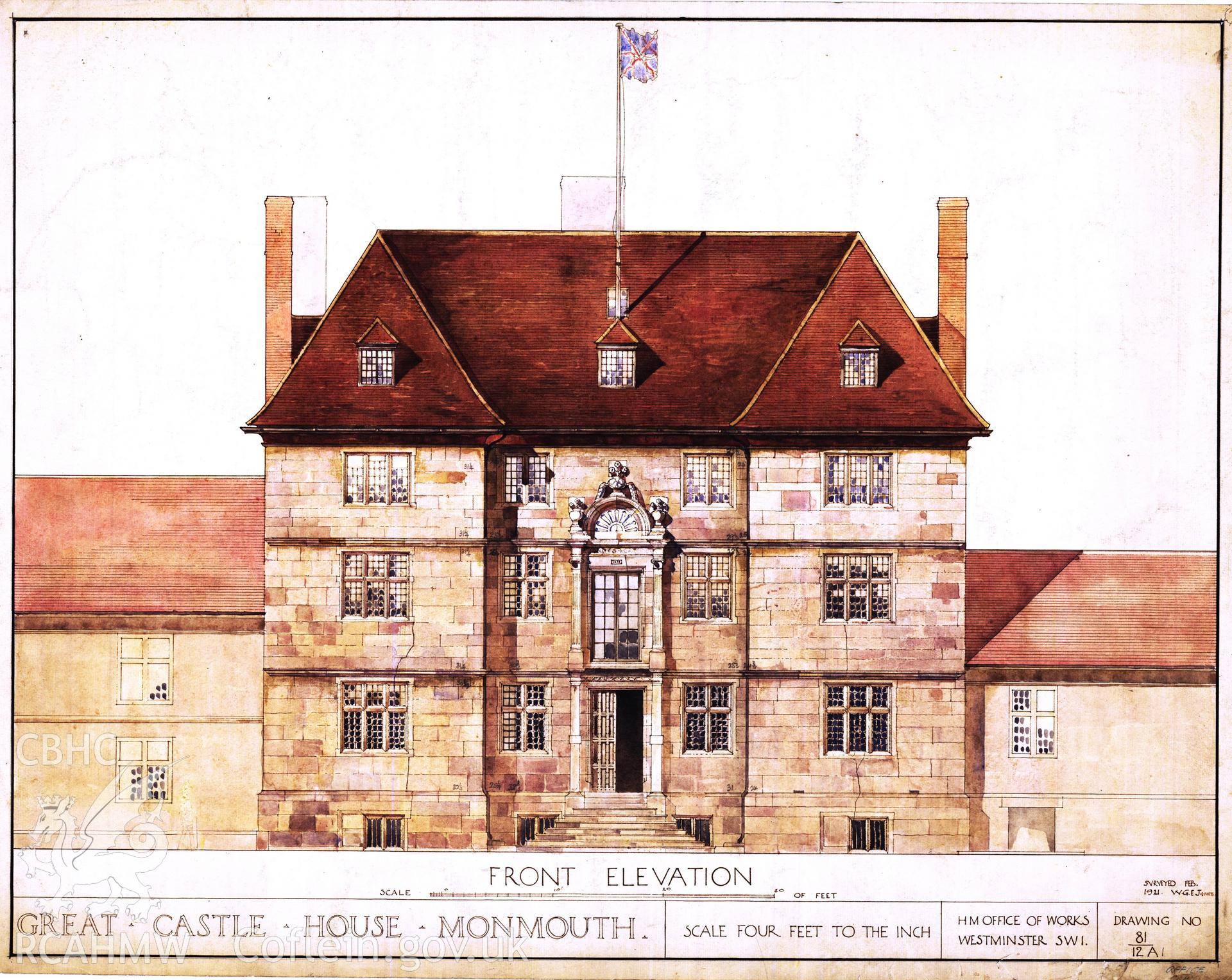 Cadw guardianship monument drawing of Monmouth Great Castle House. Front elveation of building. Cadw Ref. No:81/12A1. Scale 1:48.