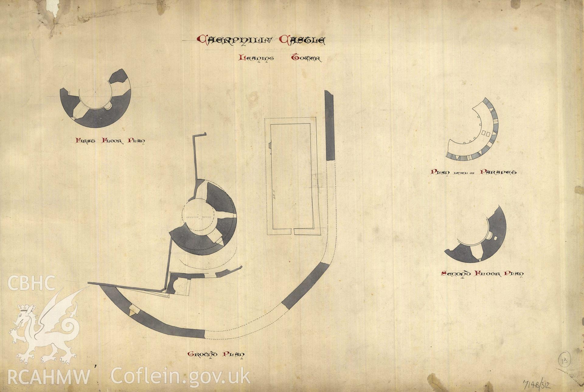 Cadw guardianship monument drawing of Caerphilly Castle. Castle Plan, Leaning Tower. Cadw Ref. No. 714B/312. No scale.