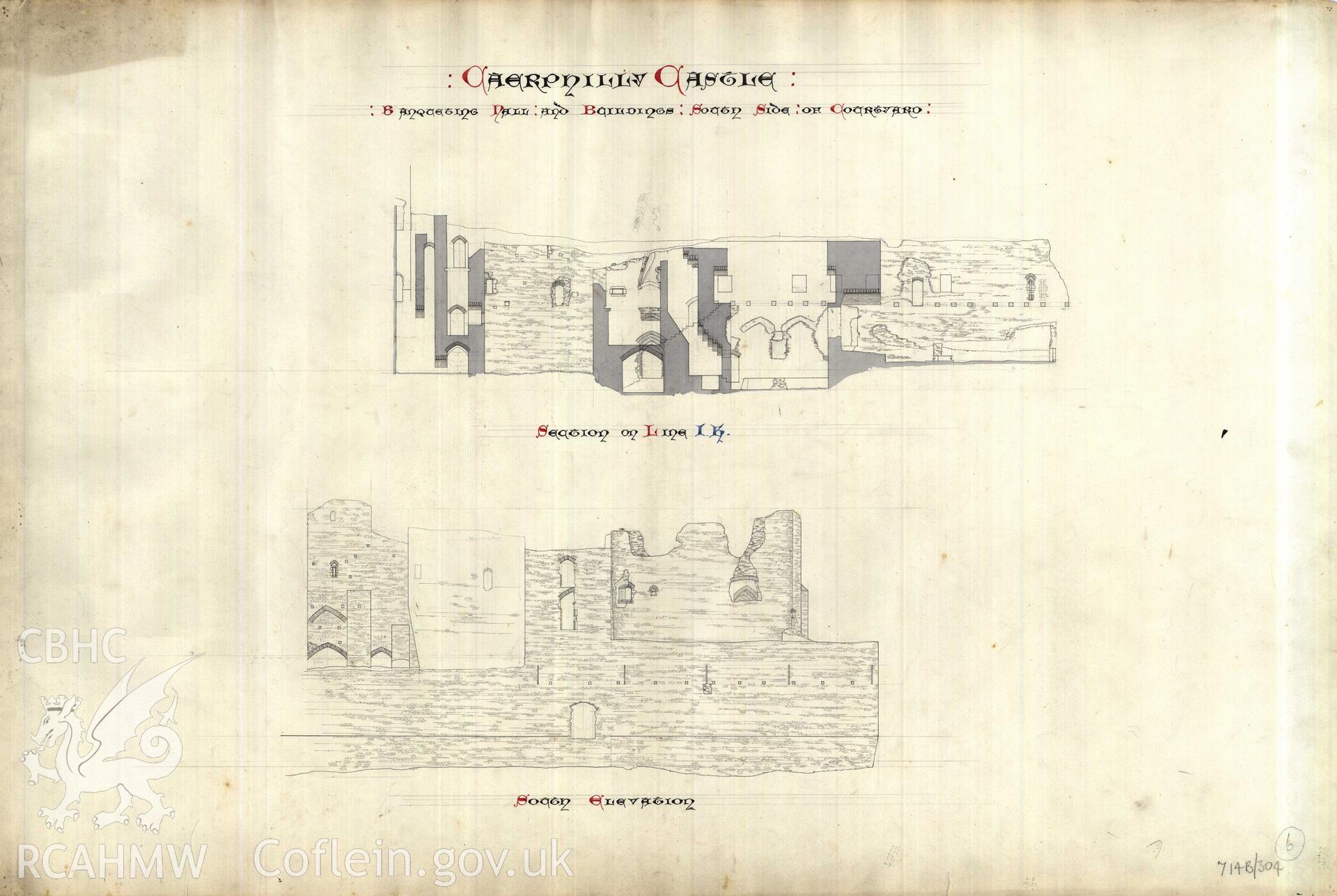 Cadw guardianship monument drawing of Caerphilly Castle. Inner Ward, S elev Mid Ward S elev. Cadw Ref. No:714B/304. Scale 1:96.