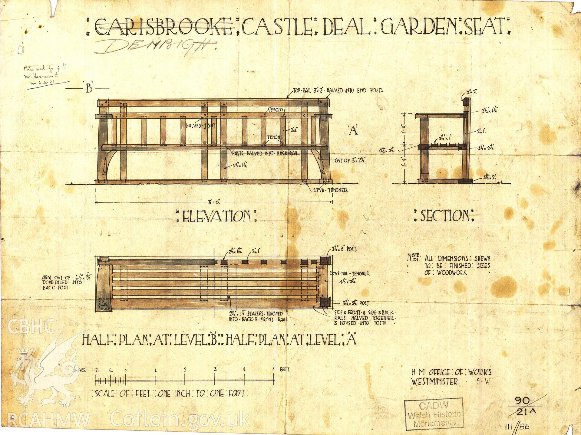 Cadw guardianship monument drawing of Denbigh Castle. Plan for Garden seat. Cadw Ref. No:111//86. Scale 1:12.