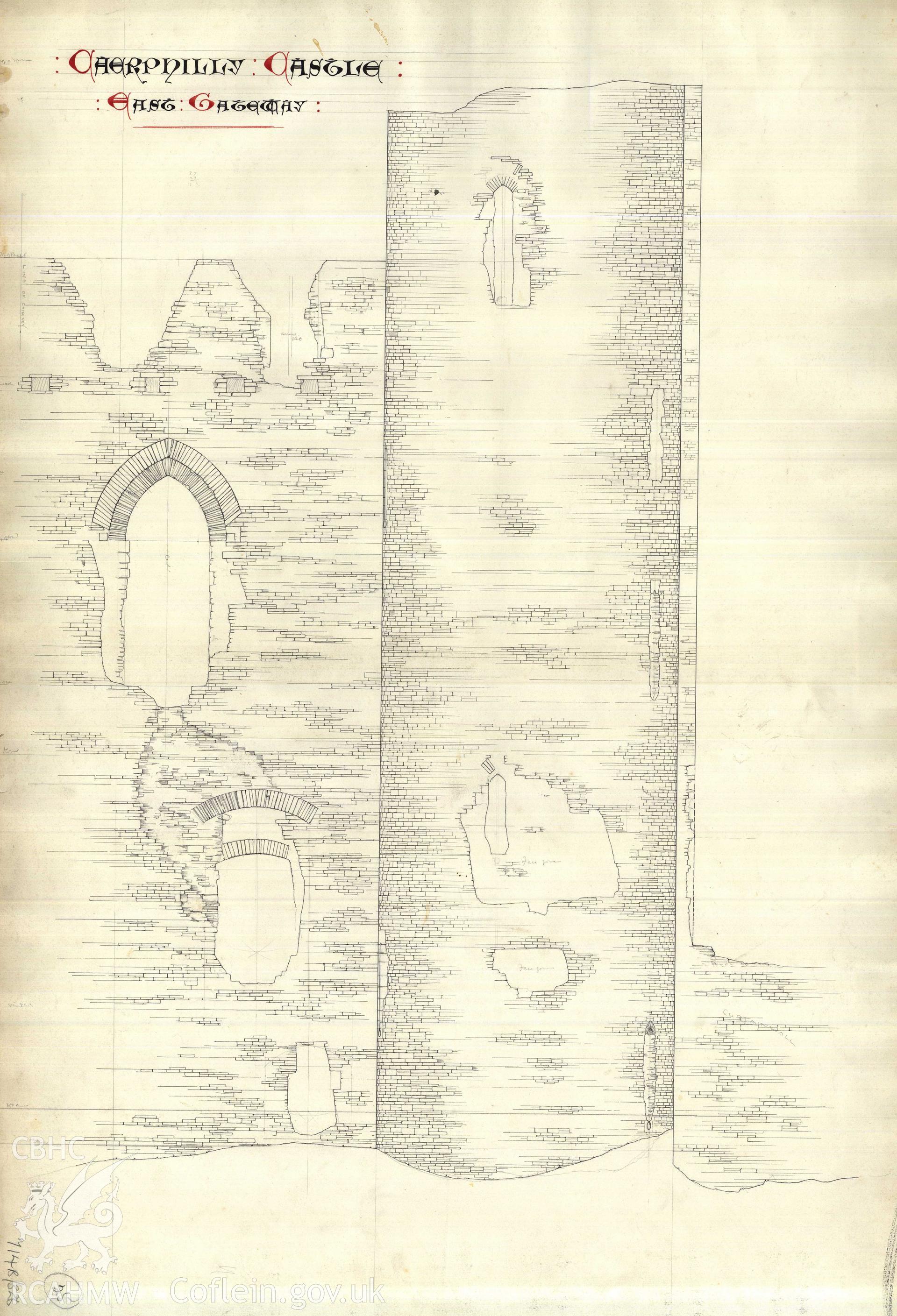 Cadw guardianship monument drawing of Caerphilly Castle. Inner E gate,W (int) elev S half. Cadw Ref. No:714B/326. Scale 1:24.