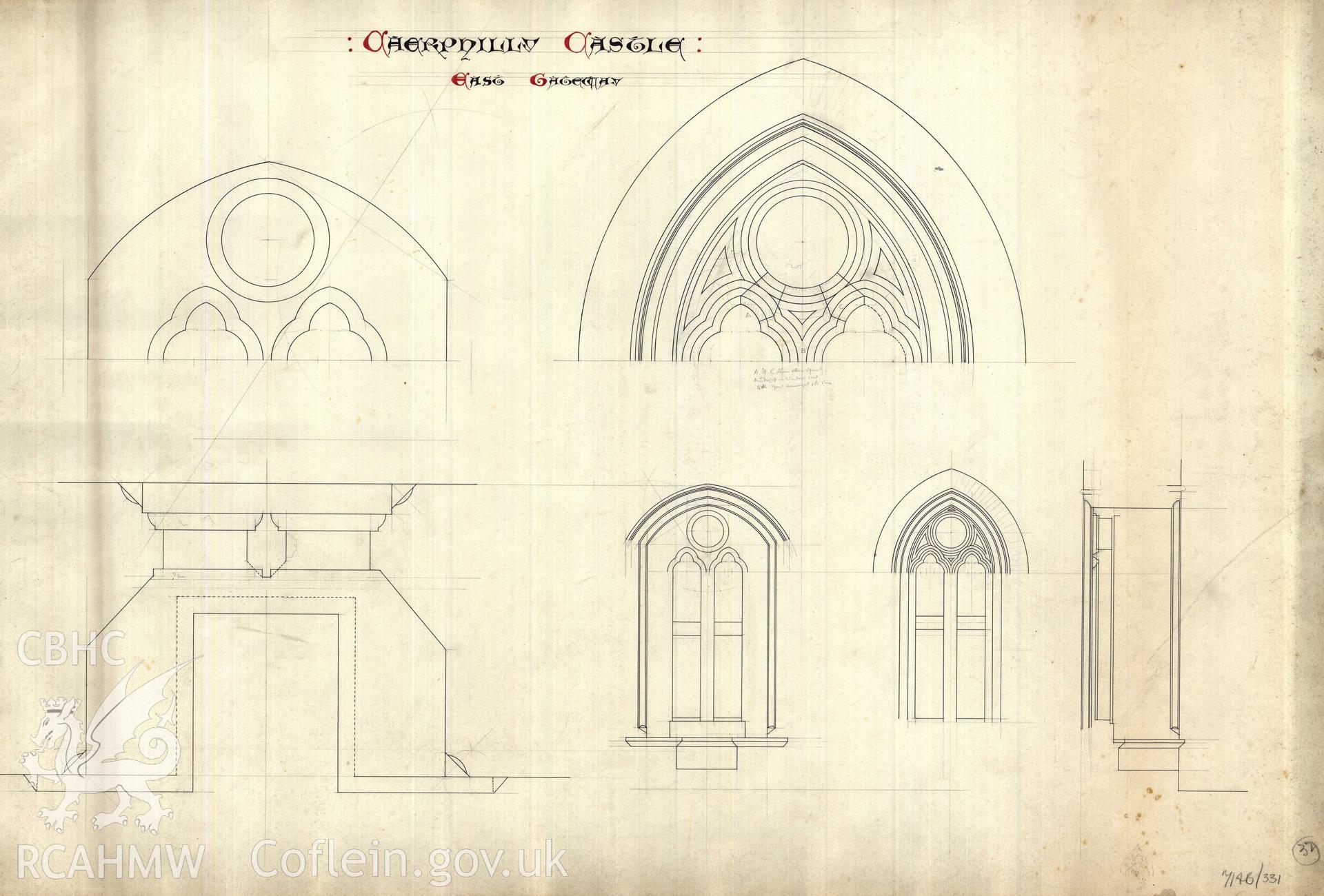 Cadw guardianship monument drawing of Caerphilly Castle. Details, East gateway. Cadw Ref. No. 714B/329. No scale.