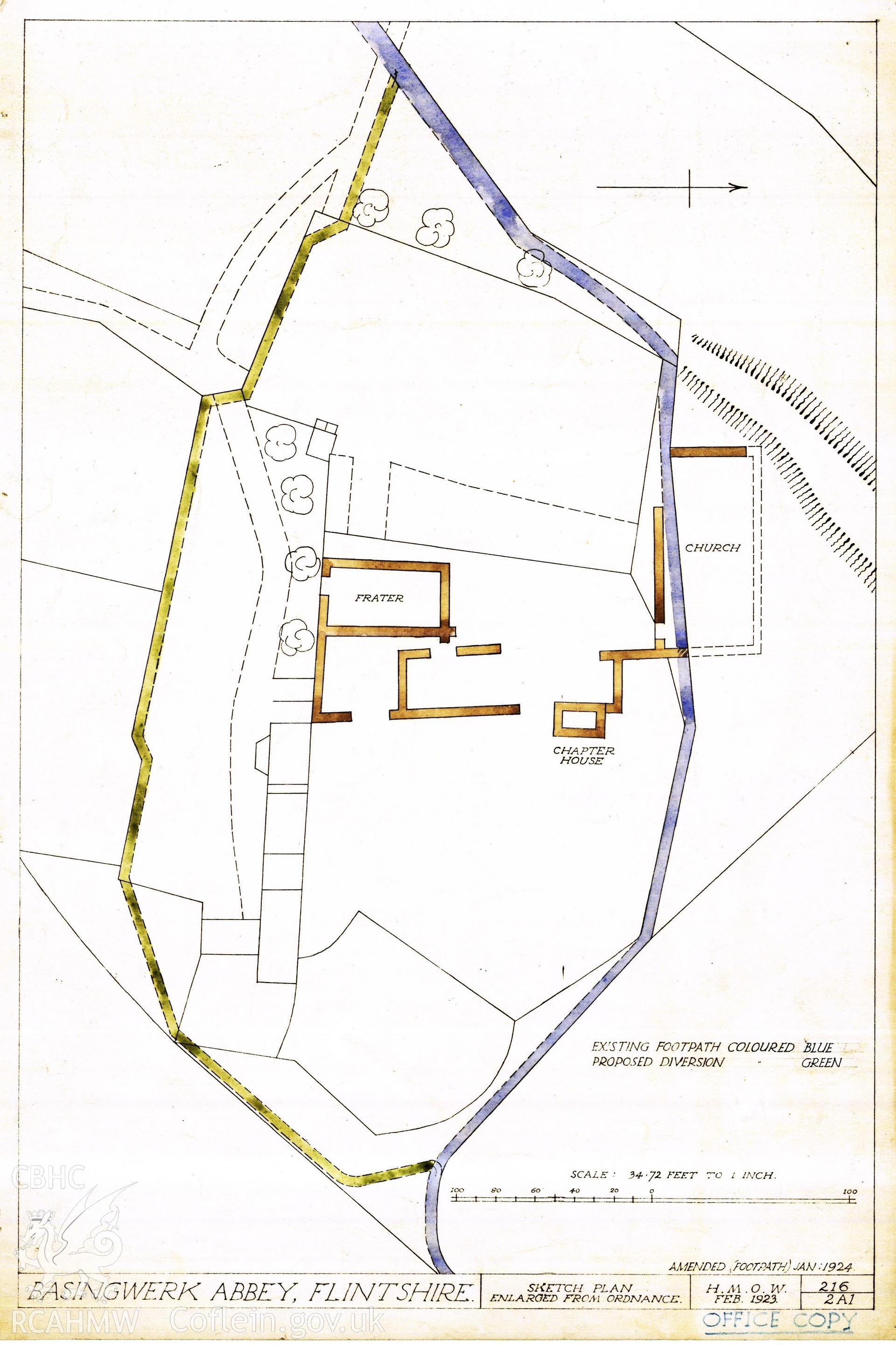 Cadw guardianship monument drawing of Basingwerk. Sketchplan, Jan. footpaths + walls. Cadw Ref. No:216/2A1. Scale 1:416.64.
