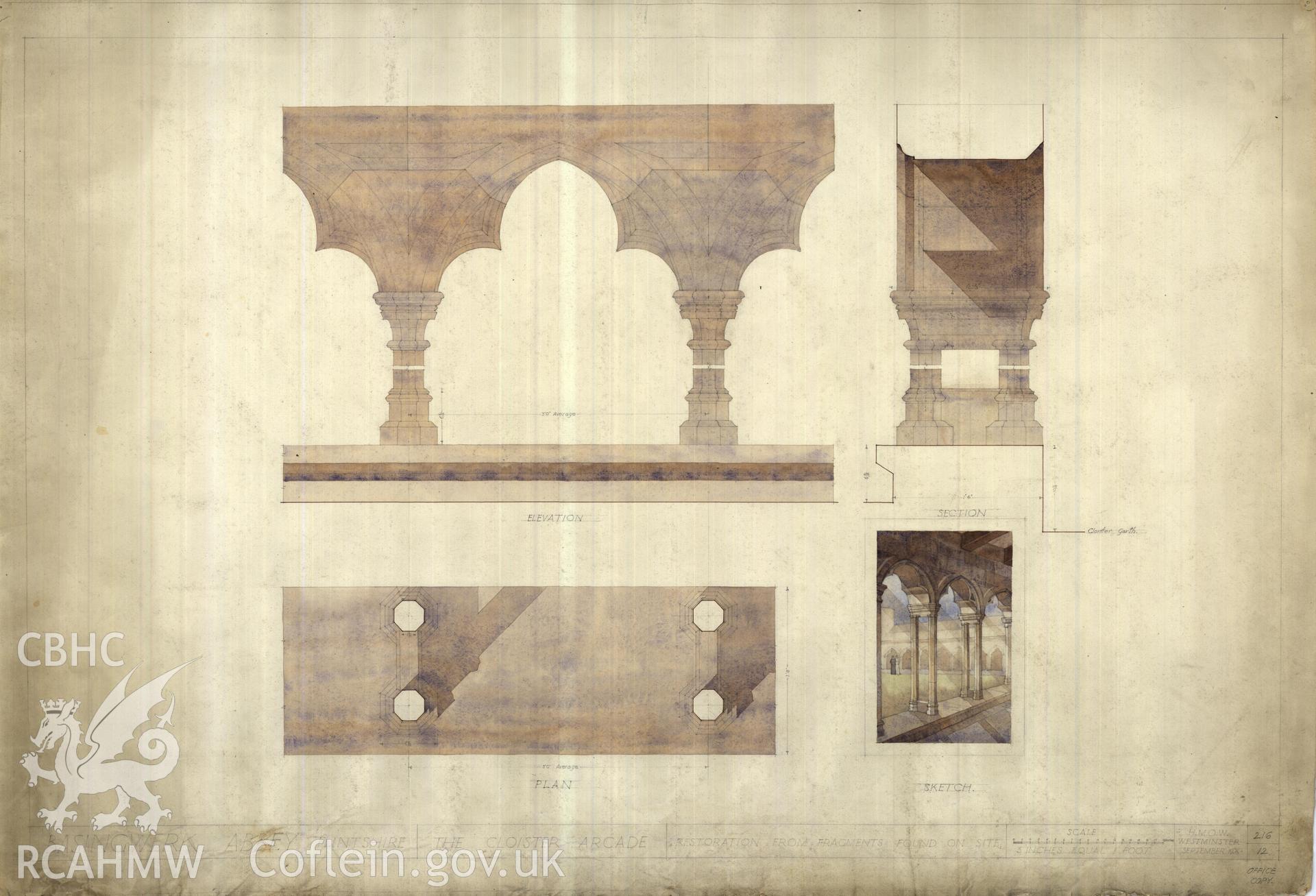 Cadw guardianship monument drawing of Basingwerk. Cloister arcade,rest. from fragments. Cadw Ref. No:216/12. Scale 1:4.