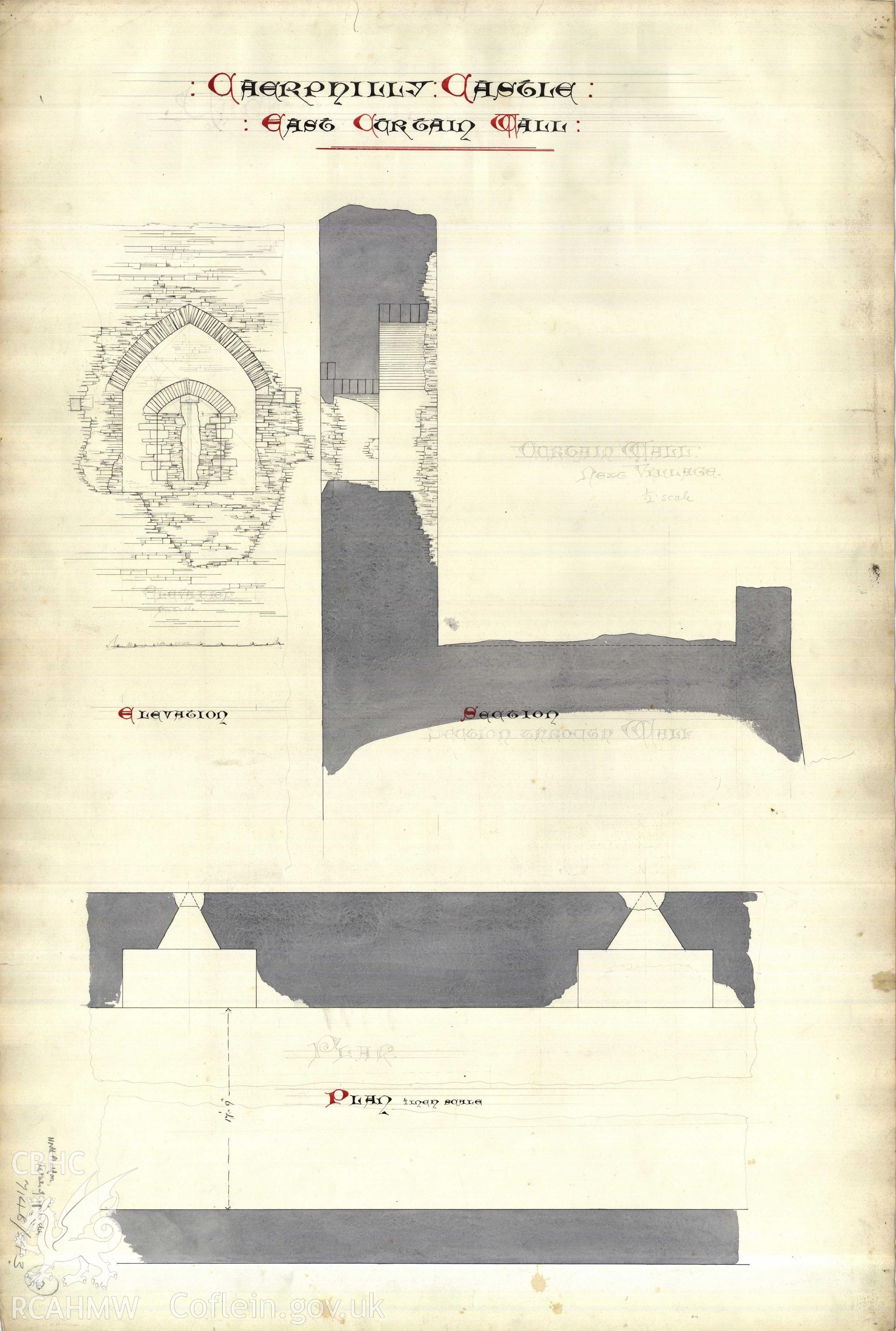 Cadw guardianship monument drawing of Caerphilly Castle. Dam front N, arrowslits. Cadw Ref. No:714B/343. Scale 1:24.