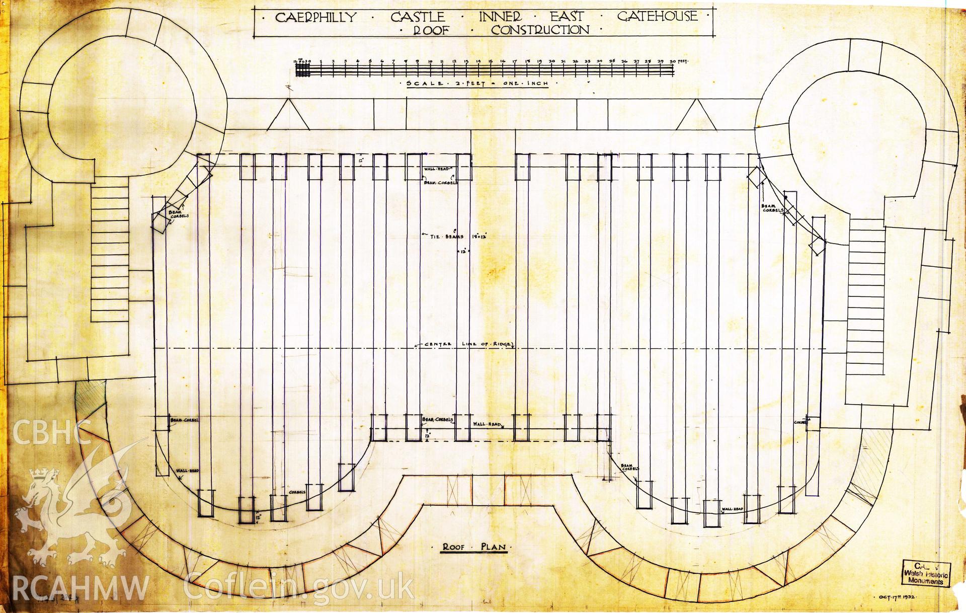 Cadw guardianship monument drawing of Caerphilly Castle. Inner E gate, roof beam plan. Cadw Ref. No:714B/294b. Scale 1:24.