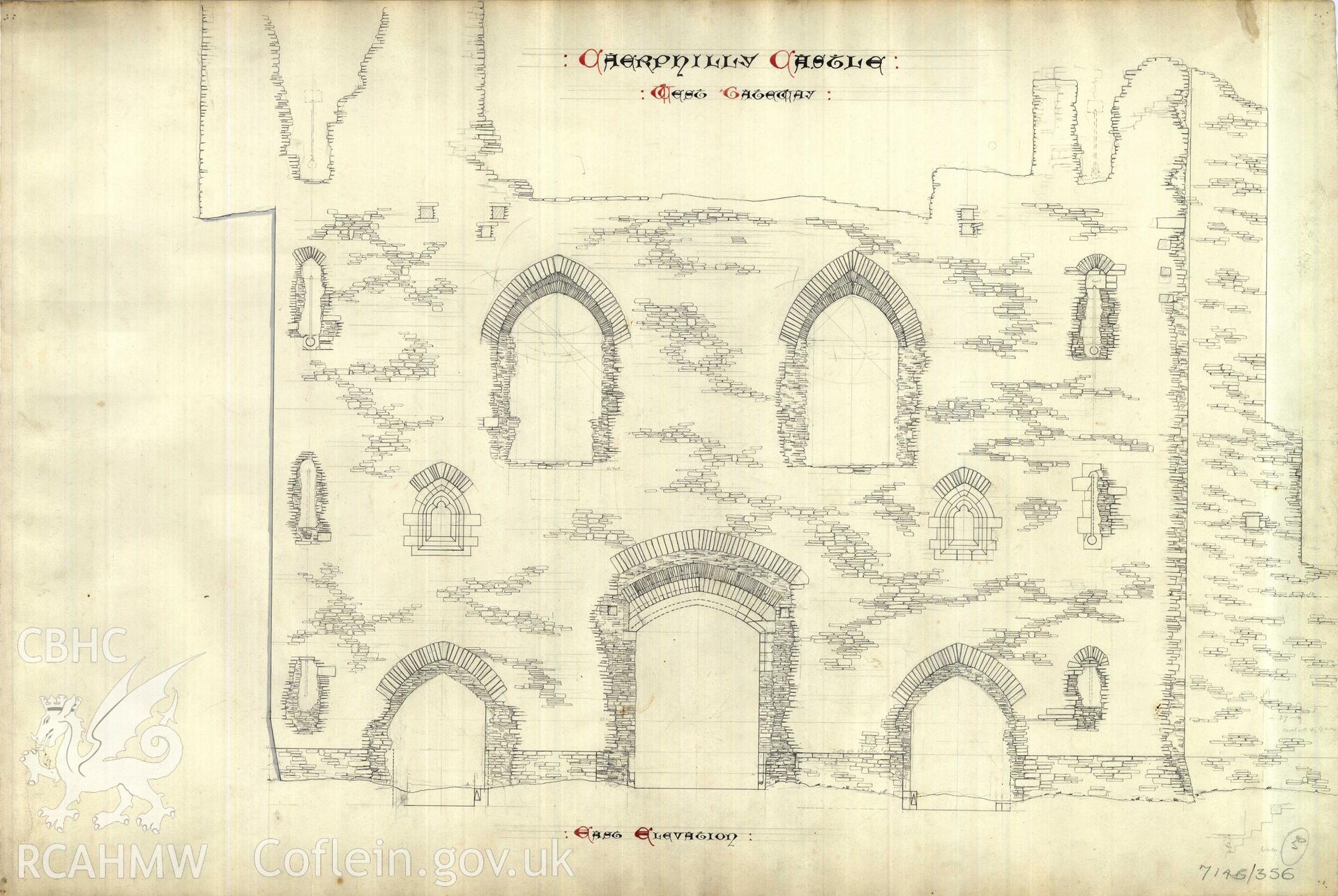 Cadw guardianship monument drawing of Caerphilly Castle. Inner W gate, E (rear) elev. Cadw Ref. No:714B/356. Scale 1:24.