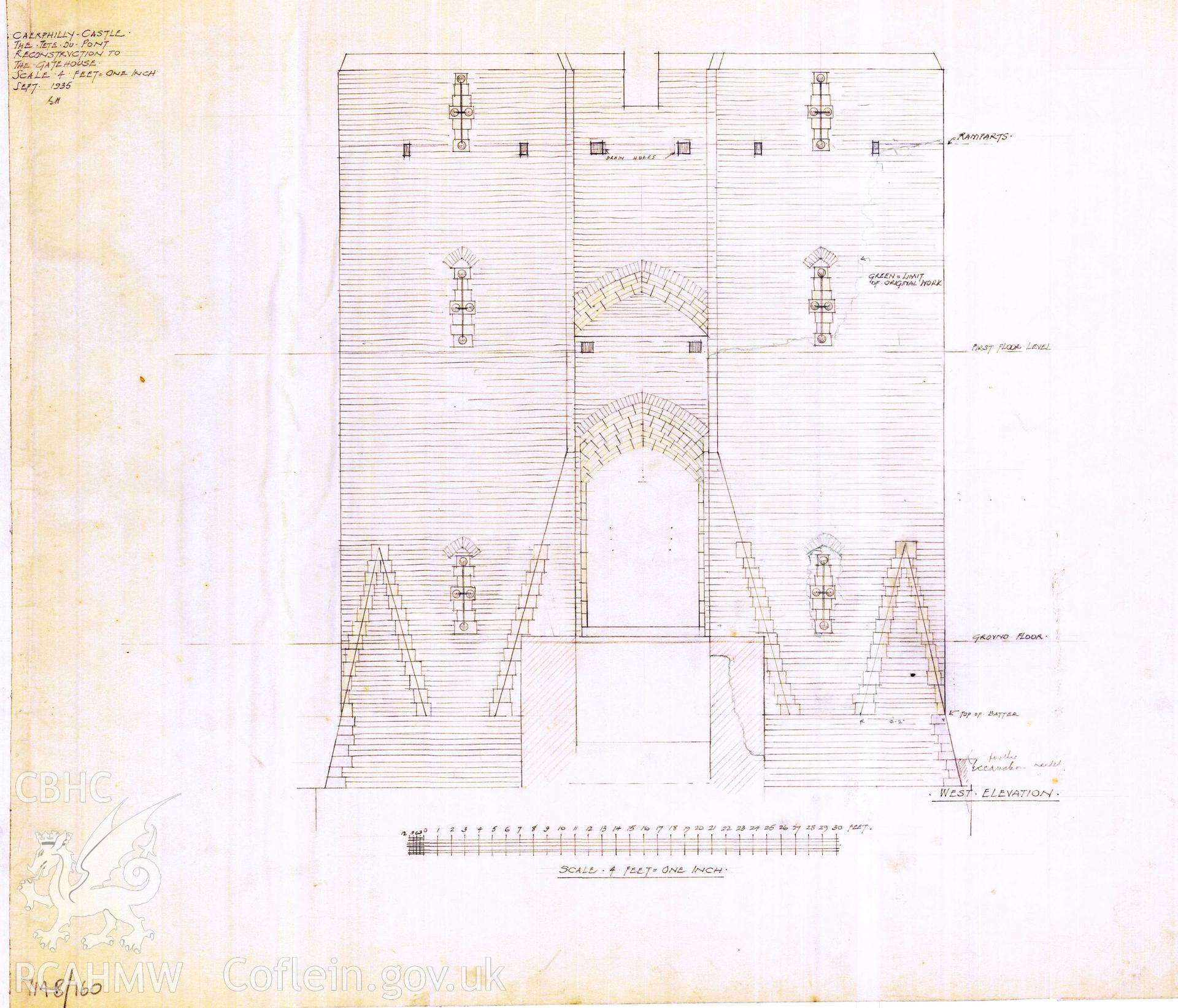 Cadw guardianship monument drawing of Caerphilly Castle. Dam, S gate, ext elev (W) (i). Cadw Ref. No:714B/160. Scale 1:48.