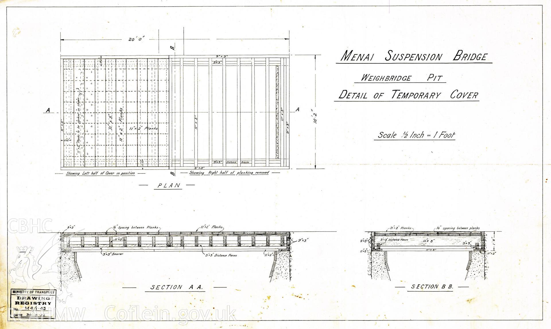 Digital copy of a Ministry of Works drawing of Menai Suspension Bridge, Weighbridge Pit, detail of temporary cover,  Ref No. M4/1.43