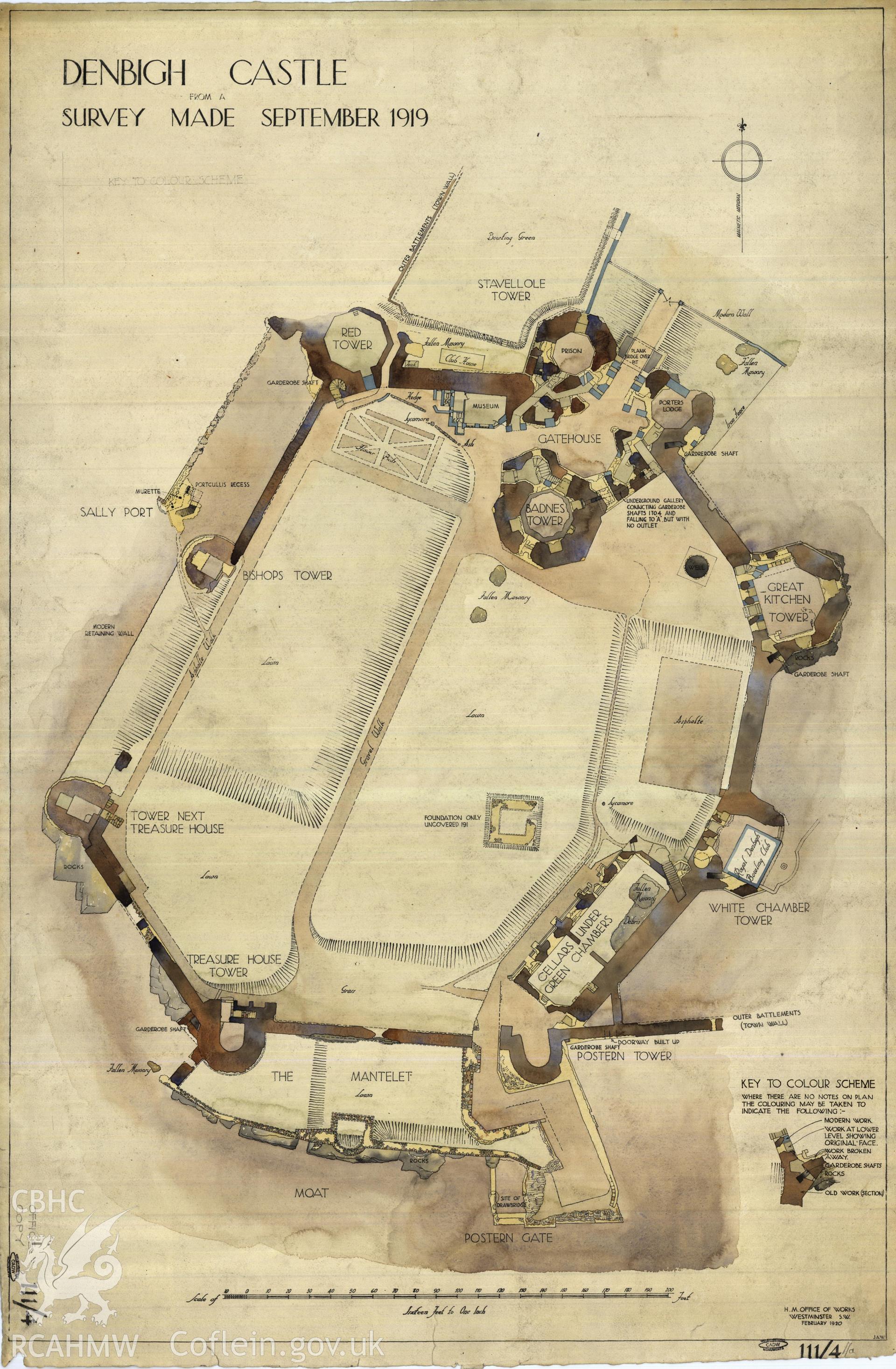 Cadw guardianship monument drawing of Denbigh Castle. General plan, (tinted). Cadw Ref. No:111/4//a. Scale 1:192.