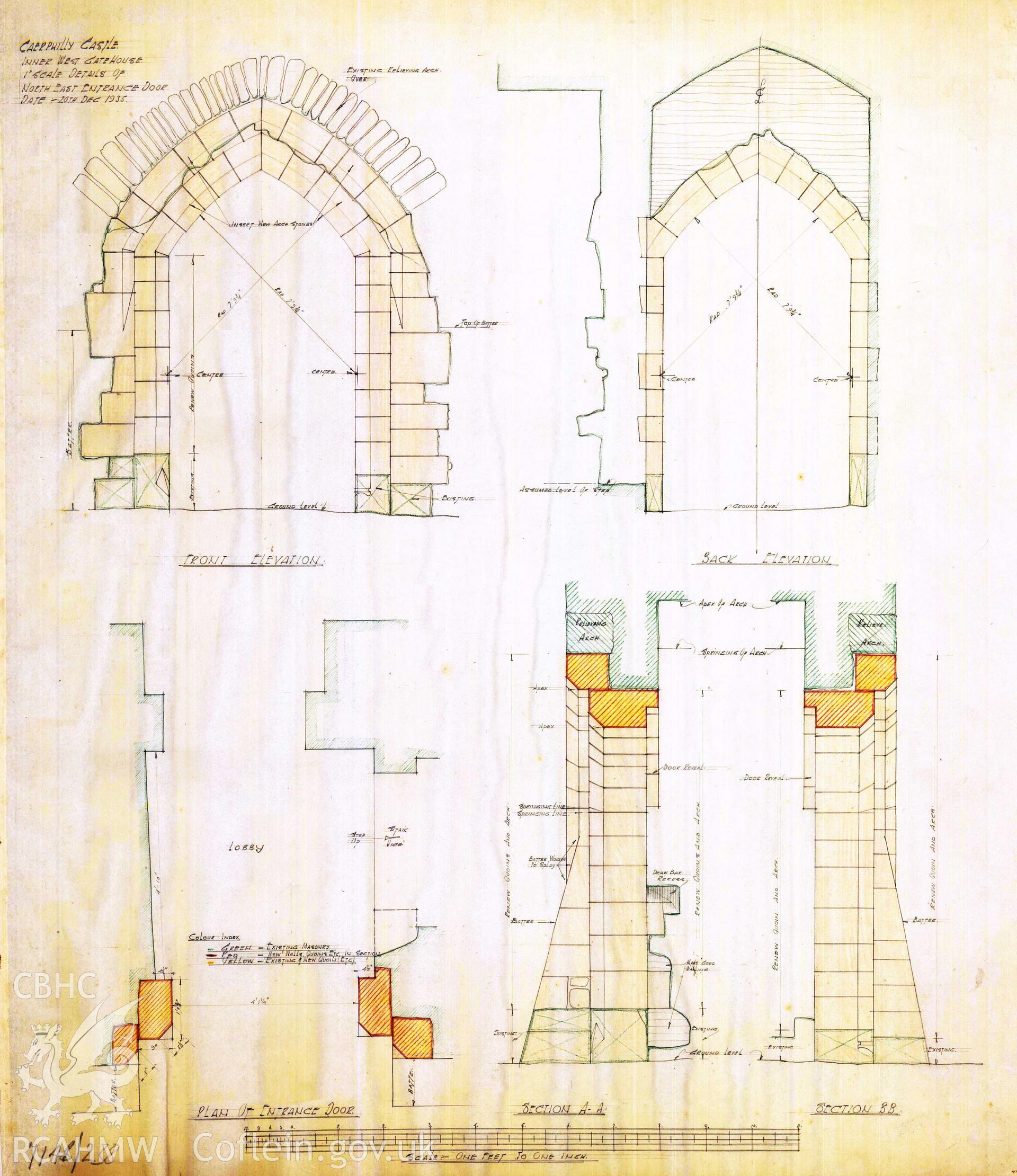 Cadw guardianship monument drawing of Caerphilly Castle. Inner W gate, N rear doorway. Cadw Ref. No:714B/238. Scale 1:12.