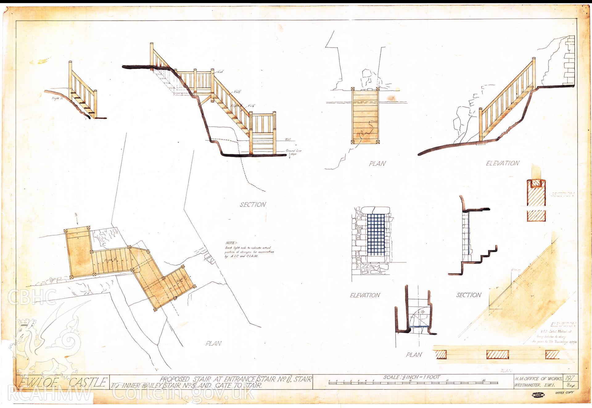 Cadw guardianship monument drawing of Ewloe Castle. Stairs 1+3 + grille. Cadw Ref. No:197/8A1. Scale 1:24.