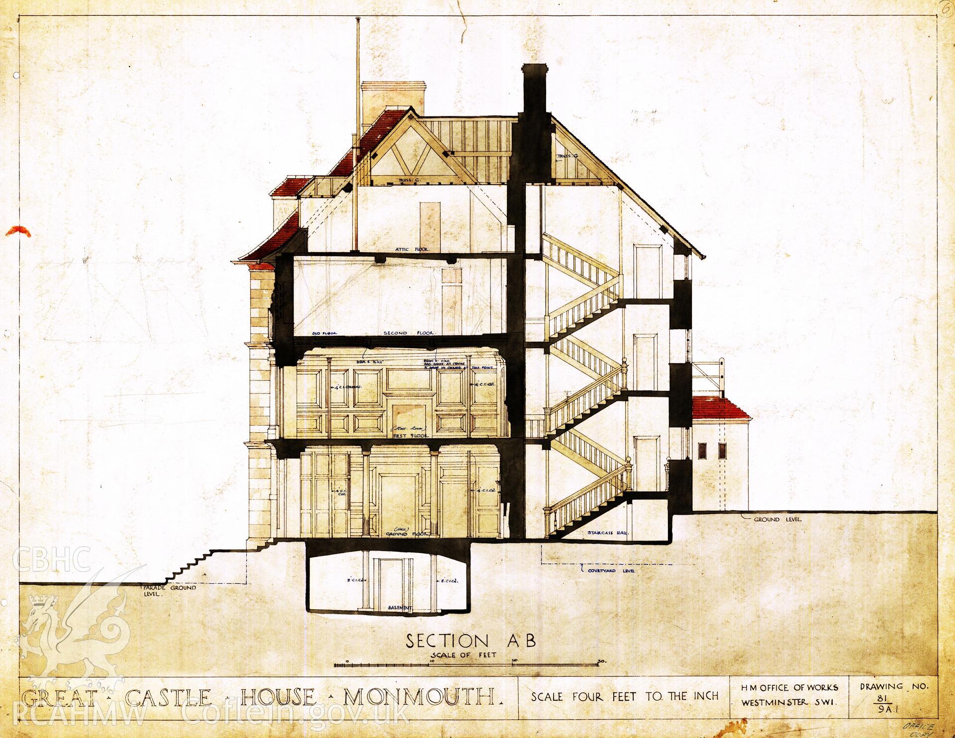 Cadw guardianship monument drawing of Monmouth Great Castle House. Section A-B. Cadw Ref. No:81/9A1. Scale 1:48.