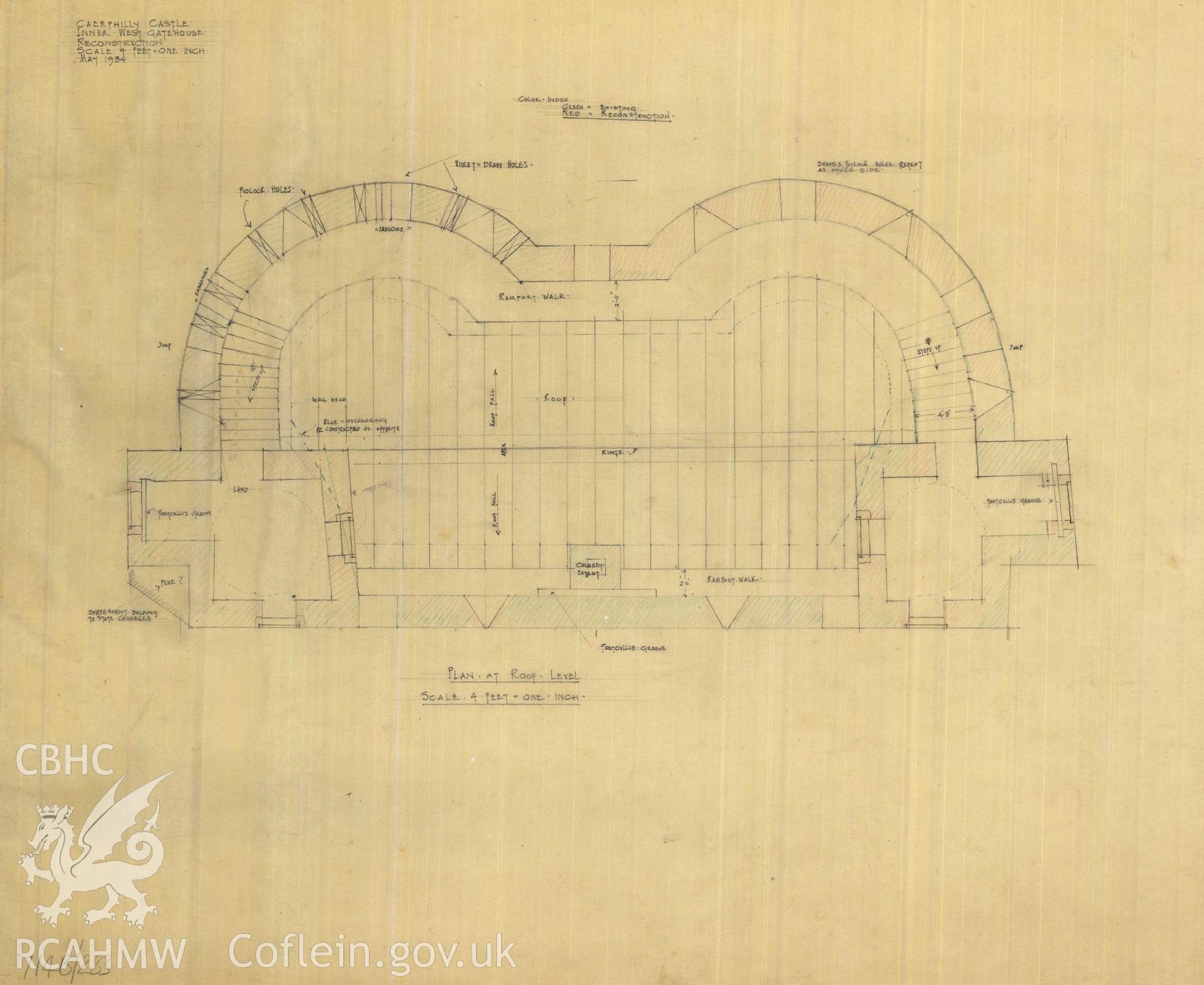 Cadw guardianship monument drawing of Caerphilly Castle. Inner W gate, parapet+roof lead. Cadw Ref. No:714B/233. Scale 1:48.