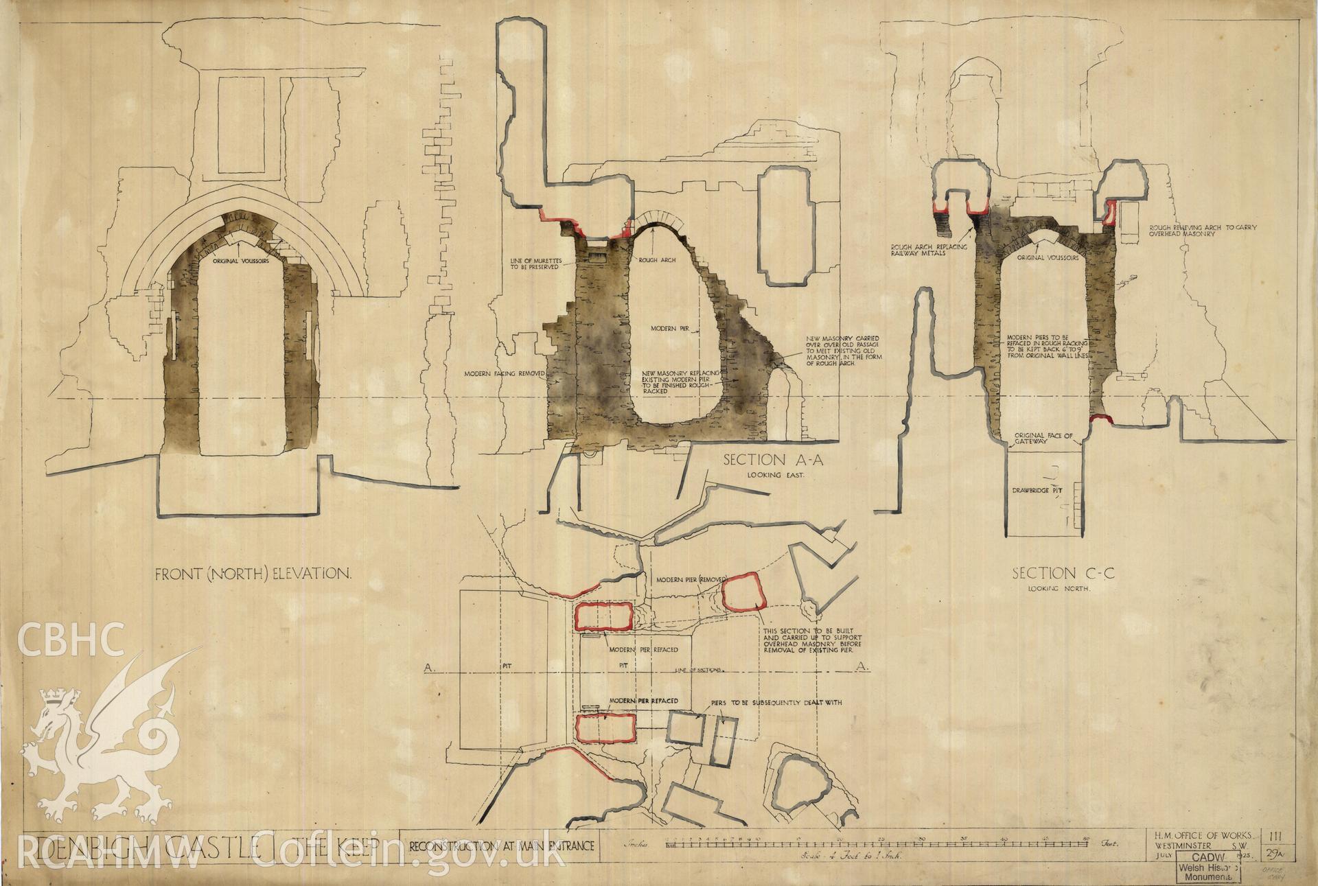 Cadw guardianship monument drawing of Denbigh Castle. Gatehouse, piers removed/refaced. Cadw Ref. No:111/29A1. Scale 1:48.