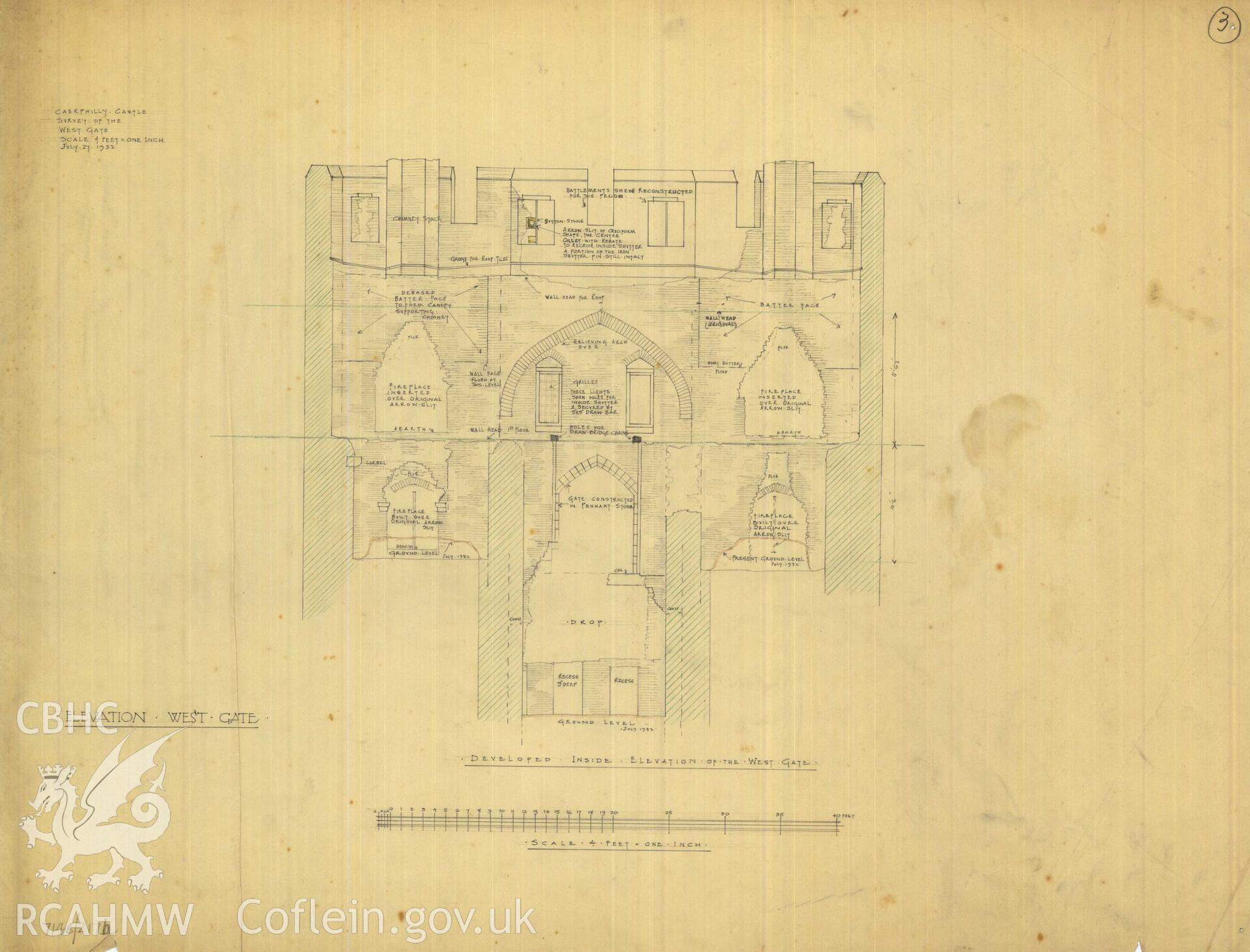 Cadw guardianship monument drawing of Caerphilly Castle. Mid W gate, inside elev. Cadw Ref. No:714B/217b. Scale 1:48.