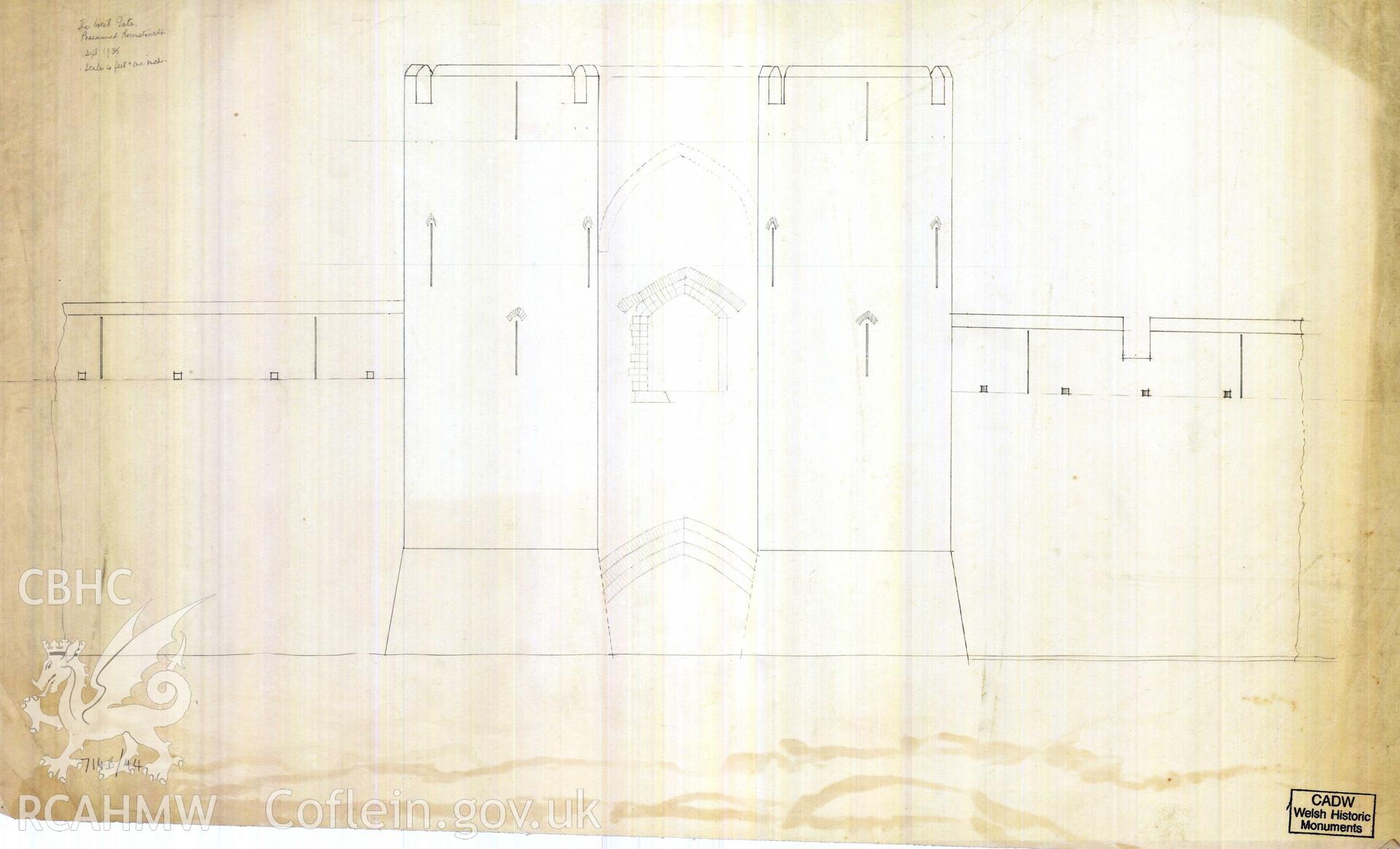 Digital copy of Cadw guardianship monument drawing of Caerphilly Castle. Mid W gate, W (ext) elev. Cadw ref. no: 714B/44. Scale 1:48. Original drawing withdrawn and returned to Cadw at their request.