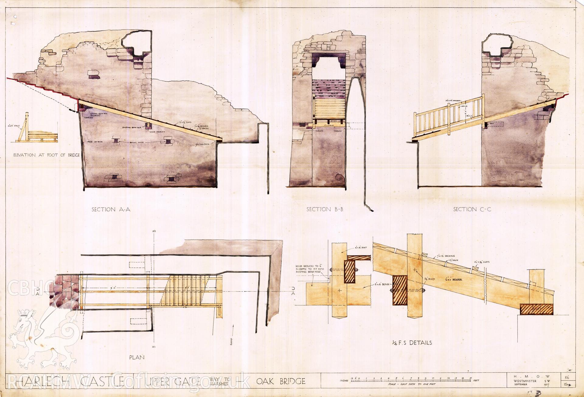 Cadw guardianship monument drawing of Harlech Castle. Outer ward,upper gate, bridge (tinted. Cadw Ref. No:86/15A2. Scale 1:24.