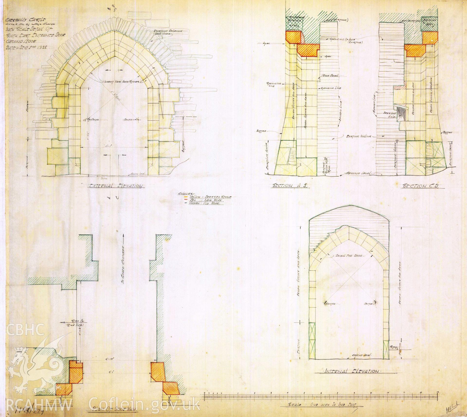 Cadw guardianship monument drawing of Caerphilly Castle. Inner W gate, S rear doorway. Cadw Ref. No:714B/239. Scale 1:12.