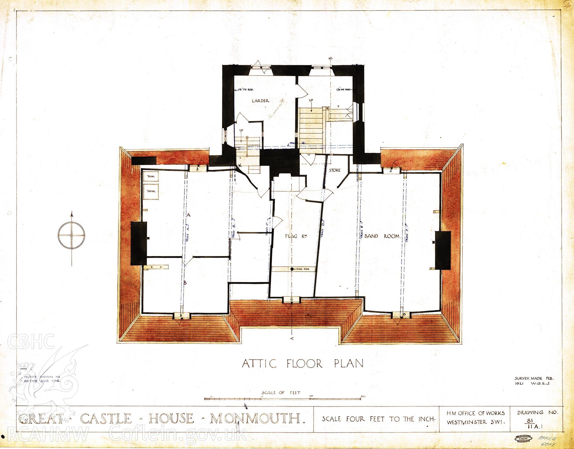 Cadw guardianship monument drawing of Monmouth Great Castle House. Attic Floor Plan. Cadw Ref. No:81/11A1. Scale 1:48.