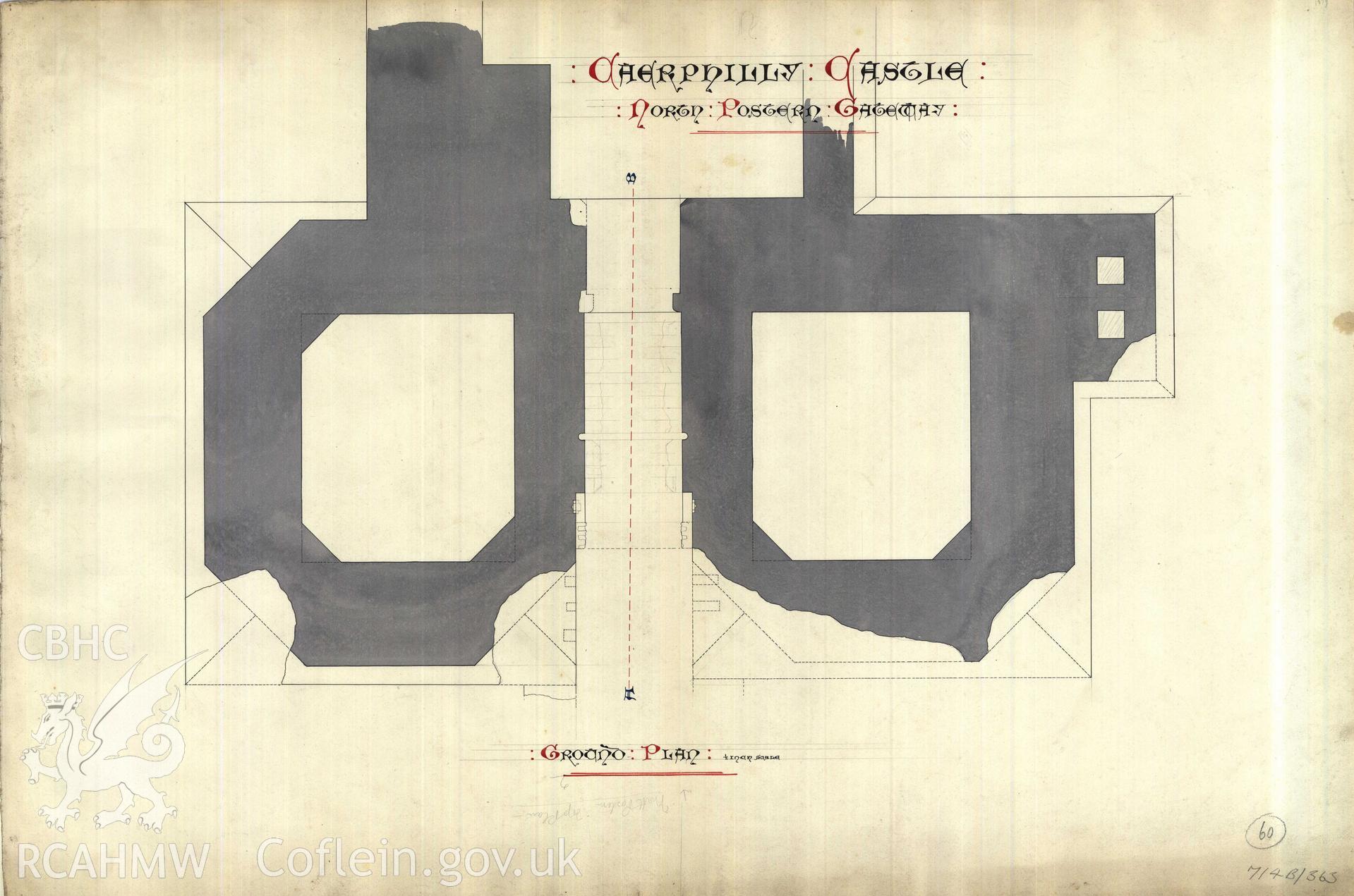 Cadw guardianship monument drawing of Caerphilly Castle. Dam N gate, ground plan. Cadw Ref. No:714B/363. Scale 1:24.