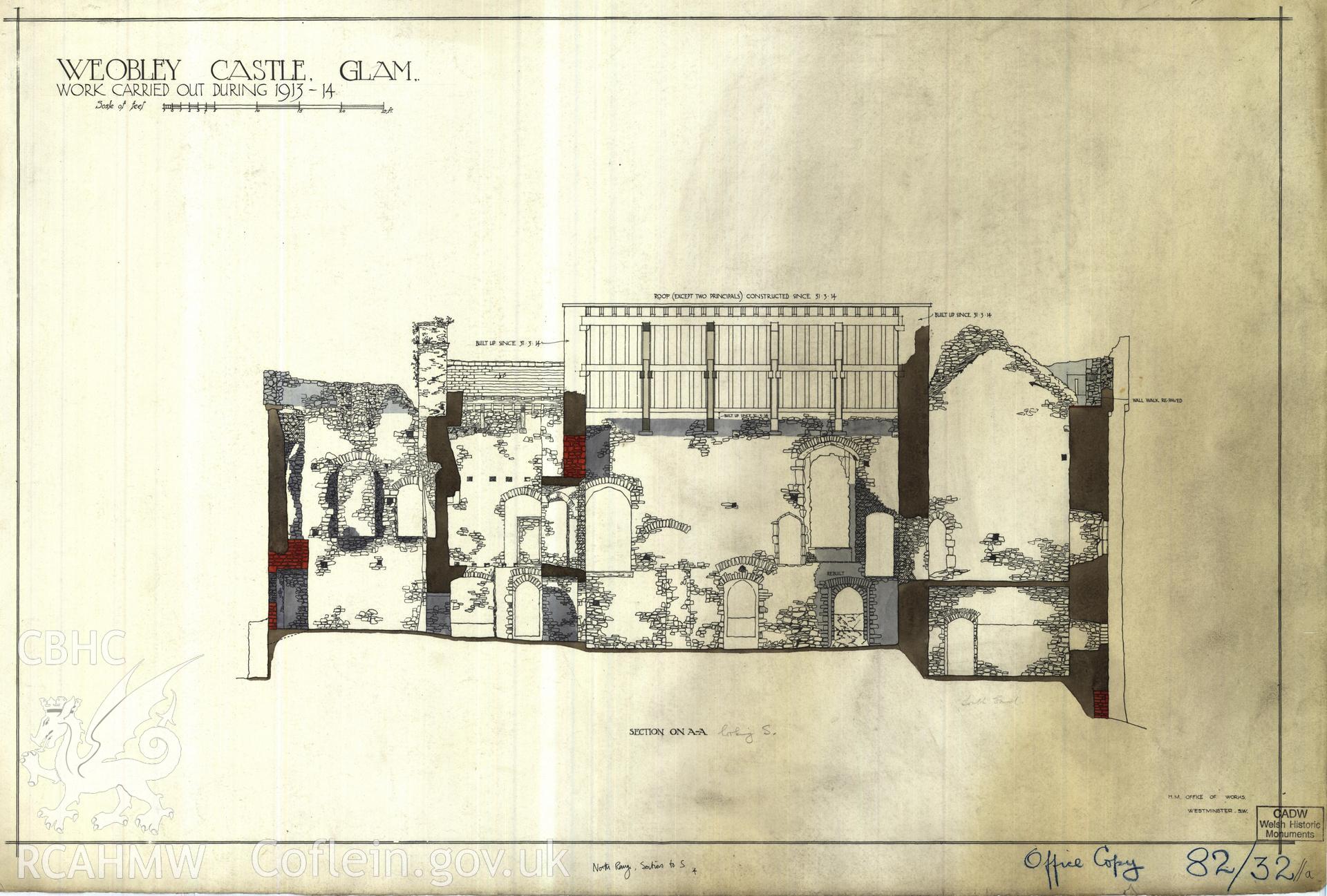 Cadw guardianship monument drawing of Weobley Castle. N range section to S, print. Cadw Ref. No:82/32//a. Scale 1:48.
