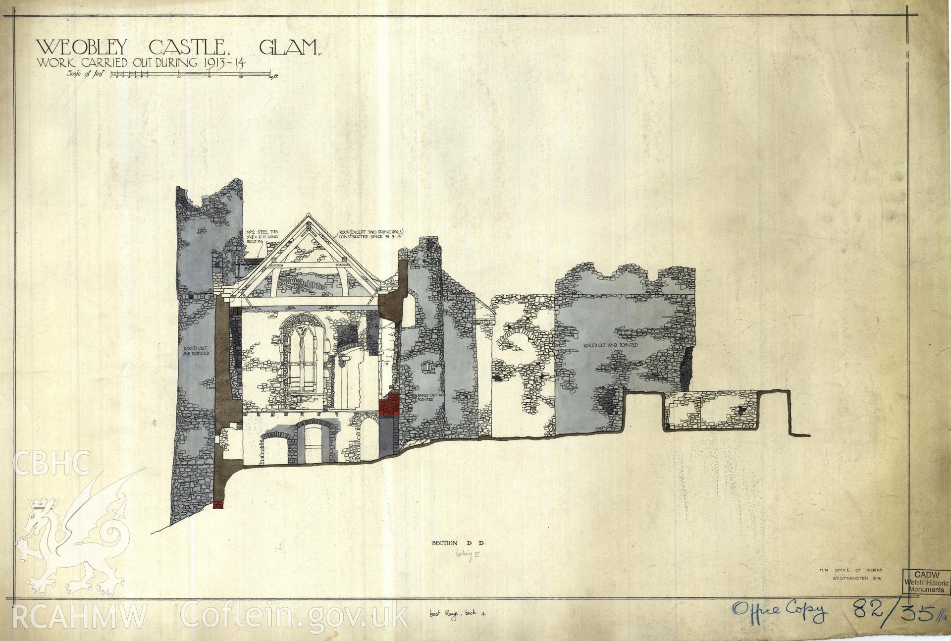 Cadw guardianship monument drawing of Weobley Castle. E range, rear elevation, print. Cadw Ref. No:82/35//a. Scale 1:48.