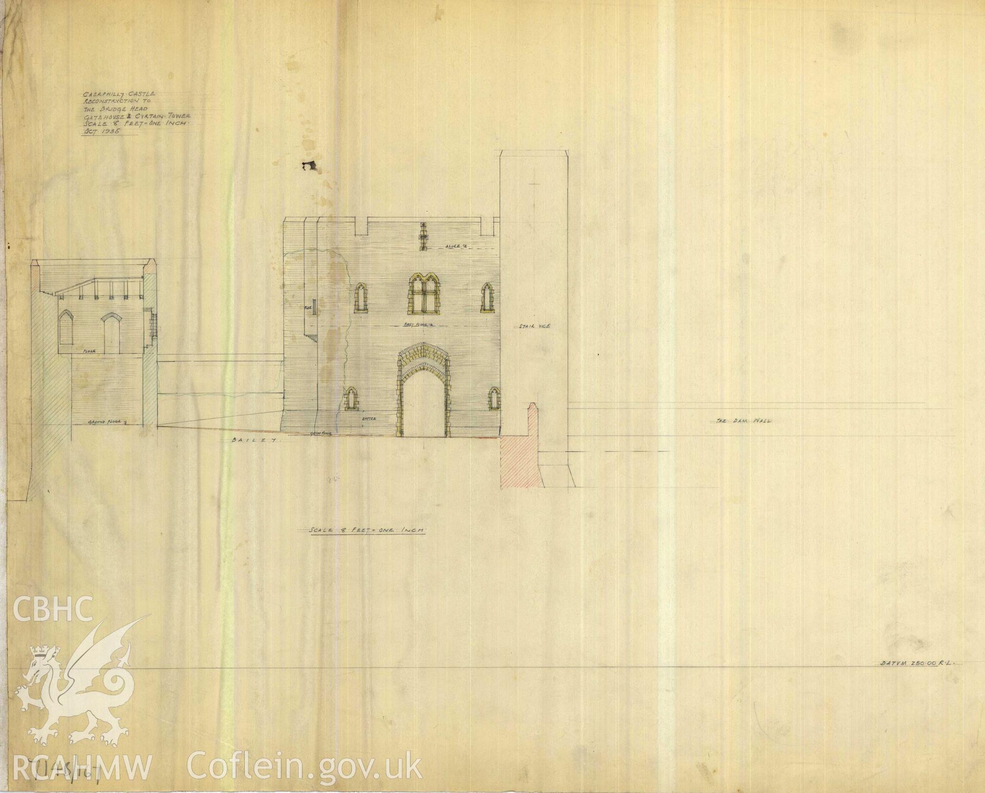 Cadw guardianship monument drawing of Caerphilly Castle. Dam, S gate, sect+gate E elev. Cadw Ref. No:714B/167. Scale 1:96.